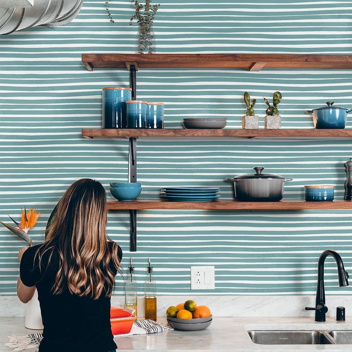 Teal Drawn Line Wallpaper | Removable Wallpaper | Peel And Stick Wallpaper | Adhesive Wallpaper | Wall Paper Peel And Stick Wall Mural 2312 - JamesAndColors