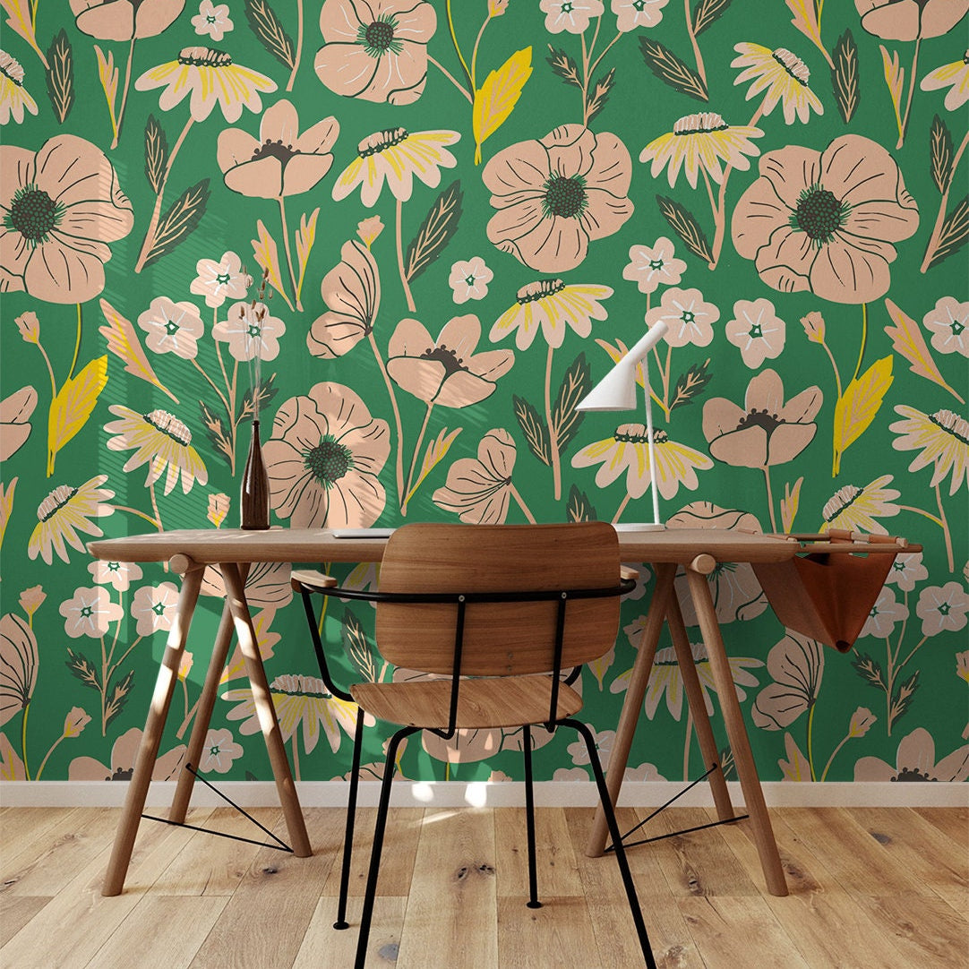 Green Pink Floral Wallpaper | Removable Wallpaper | Peel And Stick Wallpaper | Adhesive Wallpaper | Wall Paper Peel Stick Wall Mural 2307 - JamesAndColors