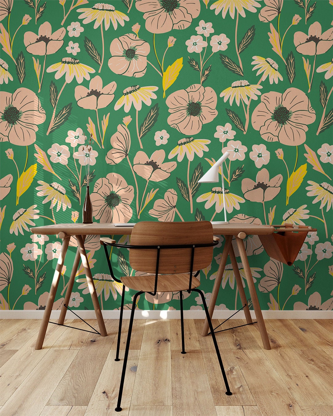 Green Pink Floral Wallpaper, Removable Wallpaper