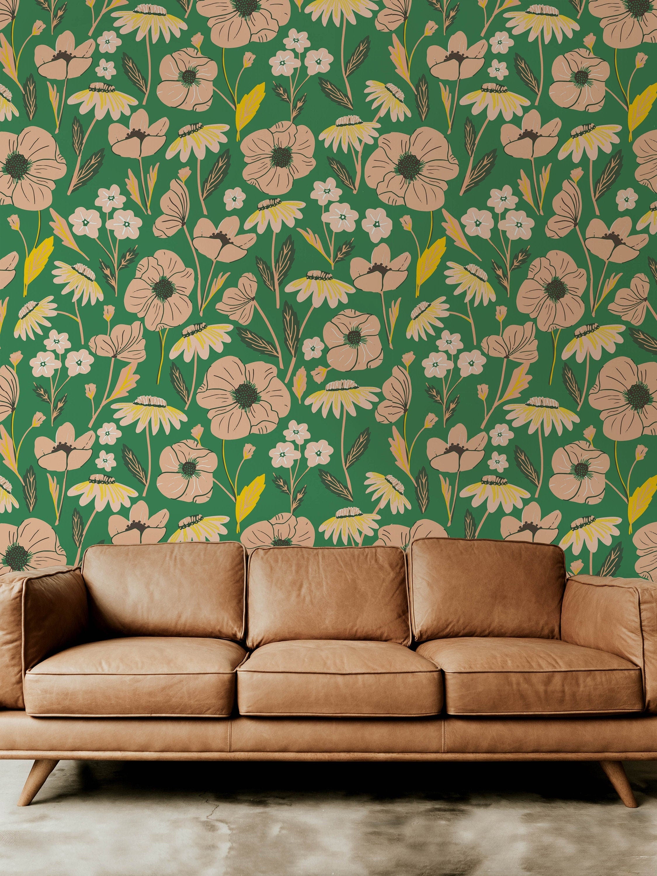 Green Pink Floral Wallpaper, Removable Wallpaper