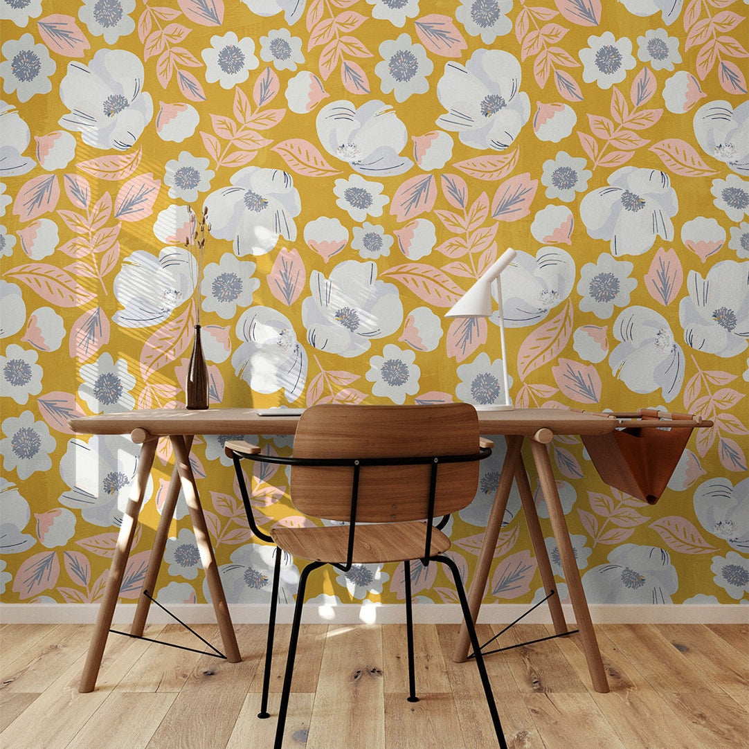 Yellow White Floral Wallpaper | Removable Wallpaper | Peel And Stick Wallpaper | Adhesive Wallpaper | Wall Paper Peel Stick Wall Mural 2305 - JamesAndColors