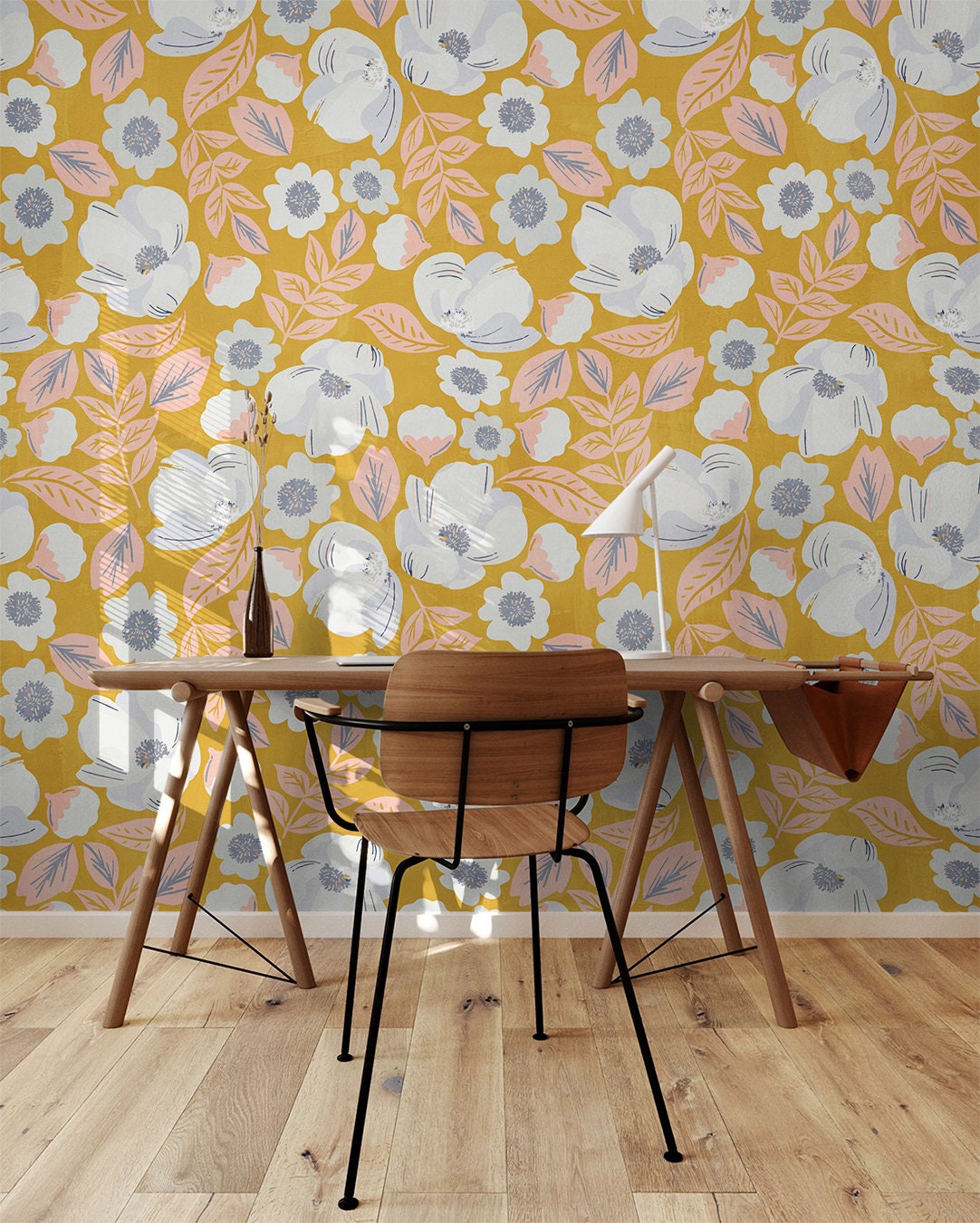 Yellow White Floral Wallpaper | Removable Wallpaper | Peel And Stick Wallpaper | Adhesive Wallpaper | Wall Paper Peel Stick Wall Mural 2305 - JamesAndColors