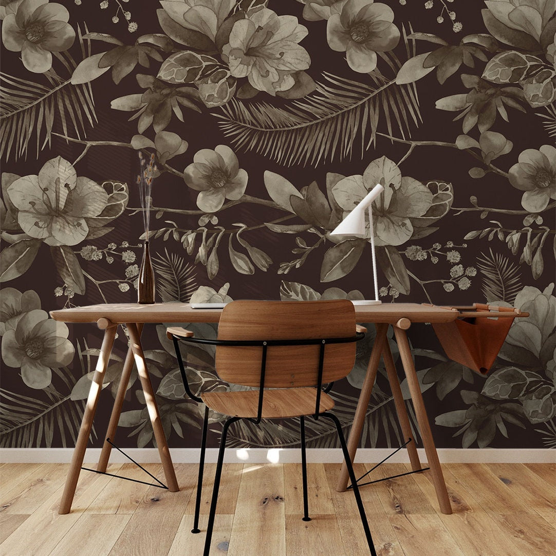 Sepia Dark Floral Wallpaper | Removable Wallpaper | Peel And Stick Wallpaper | Wall Mural Wallpaper | Wall Paper Peel And Stick 2332 - JamesAndColors
