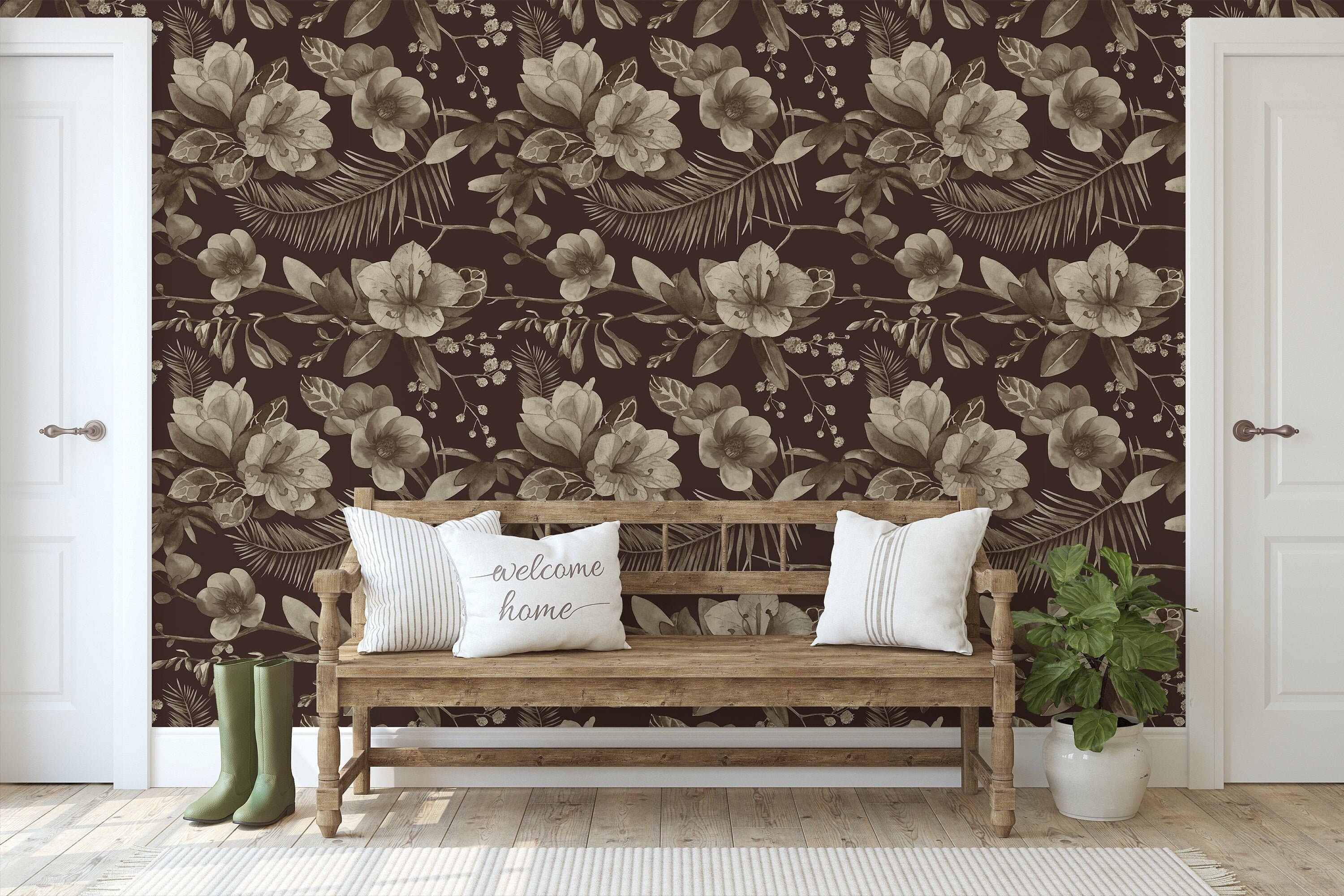 Sepia Dark Floral Wallpaper | Removable Wallpaper | Peel And Stick Wallpaper | Wall Mural Wallpaper | Wall Paper Peel And Stick 2332 - JamesAndColors