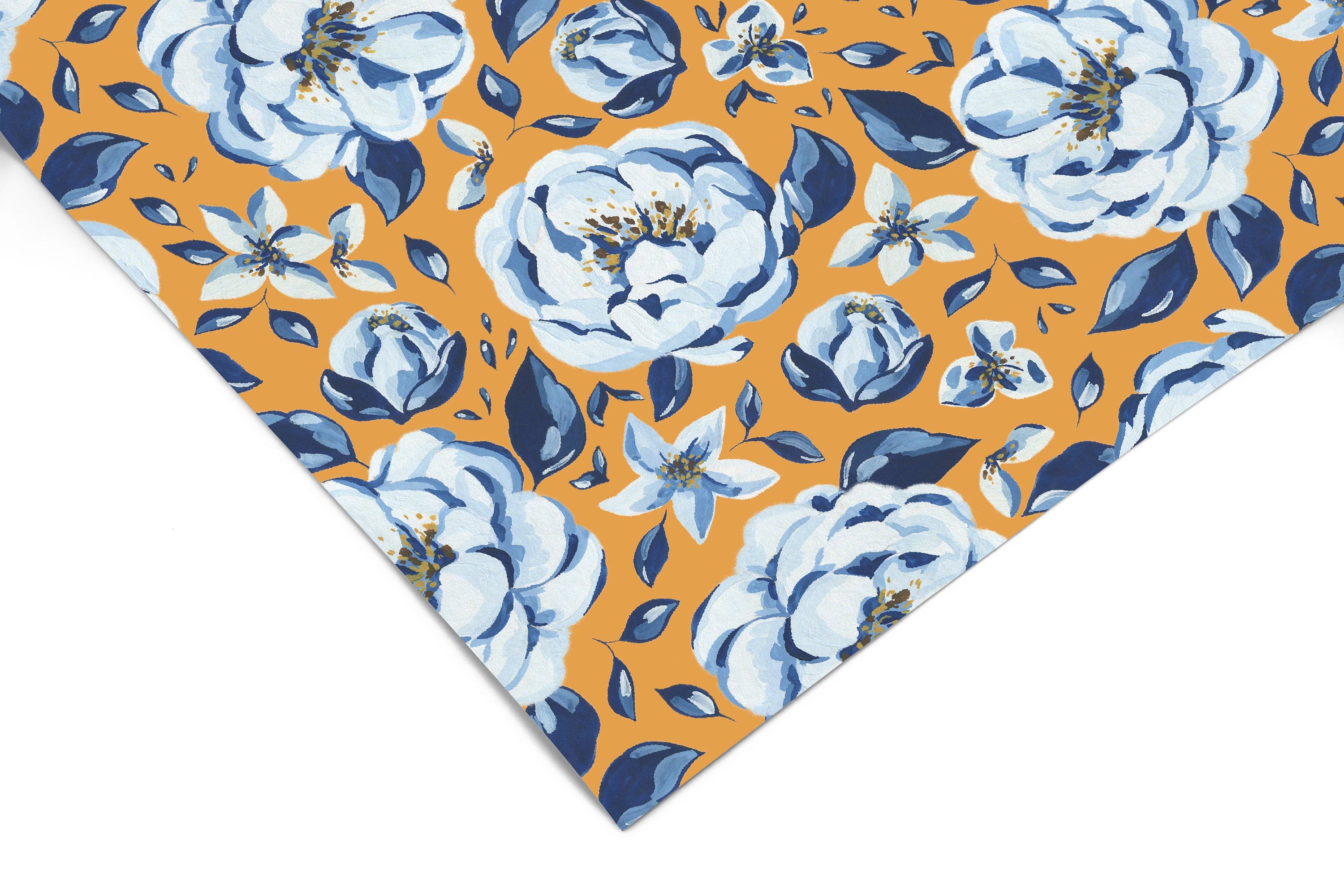Golden Blue Flower Contact Paper | Peel And Stick Wallpaper | Removable Wallpaper | Shelf Liner | Drawer Liner | Peel and Stick Paper 583 - JamesAndColors