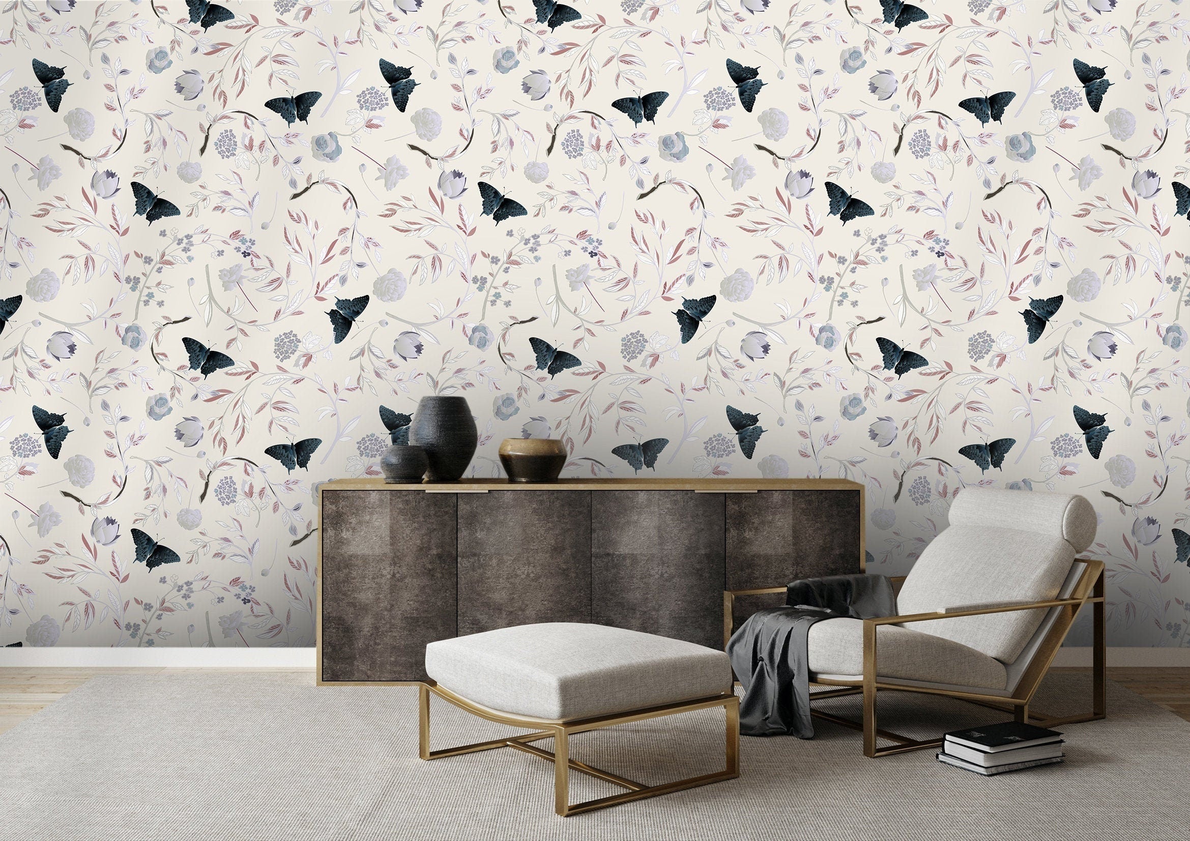 Ivory Butterfly Floral Wallpaper | Wallpaper Peel and Stick | Removable Wallpaper | Wall Paper Peel And Stick 2073 - JamesAndColors