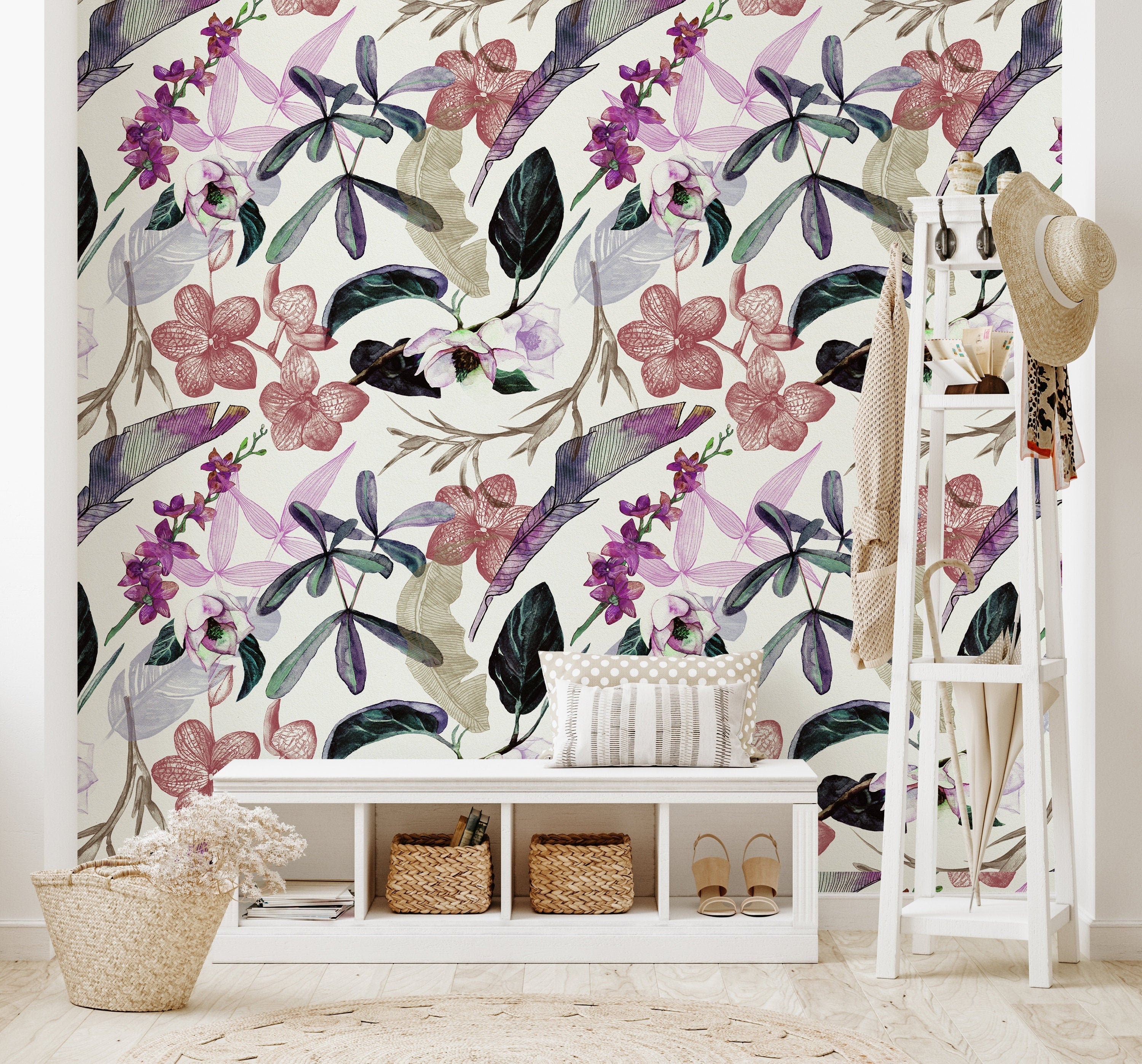 Purple Tropical Floral Wallpaper | Removable Wallpaper | Peel And Stick Wallpaper | Adhesive Wallpaper | Wall Paper Peel Stick Mural 2351 - JamesAndColors