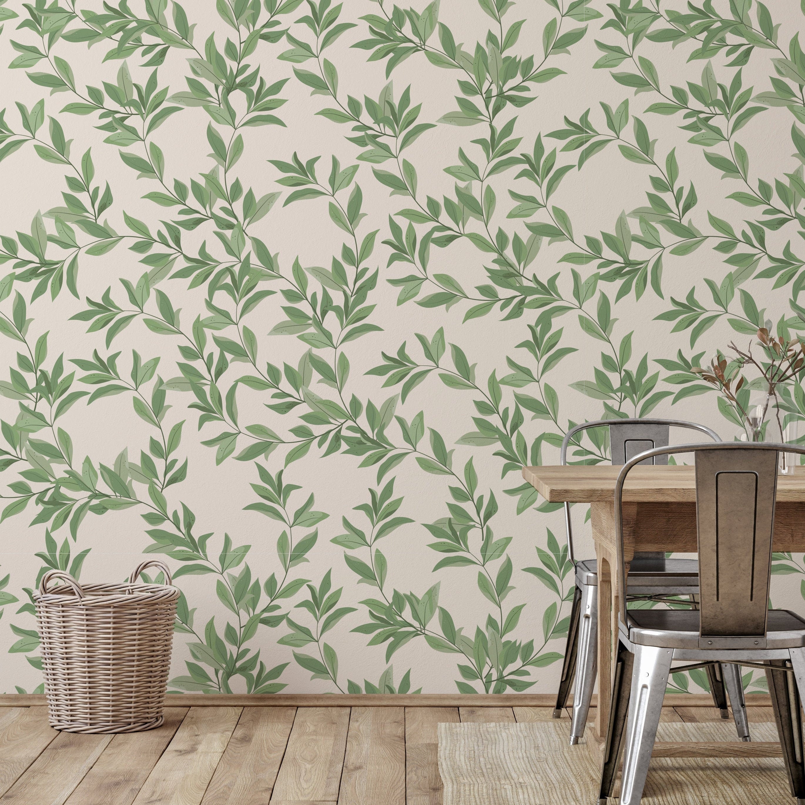 Beige Green Foliage Wallpaper | Removable Wallpaper | Peel And Stick Wallpaper | Adhesive Wallpaper | Wall Paper Peel Stick Wall Mural 2374 - JamesAndColors