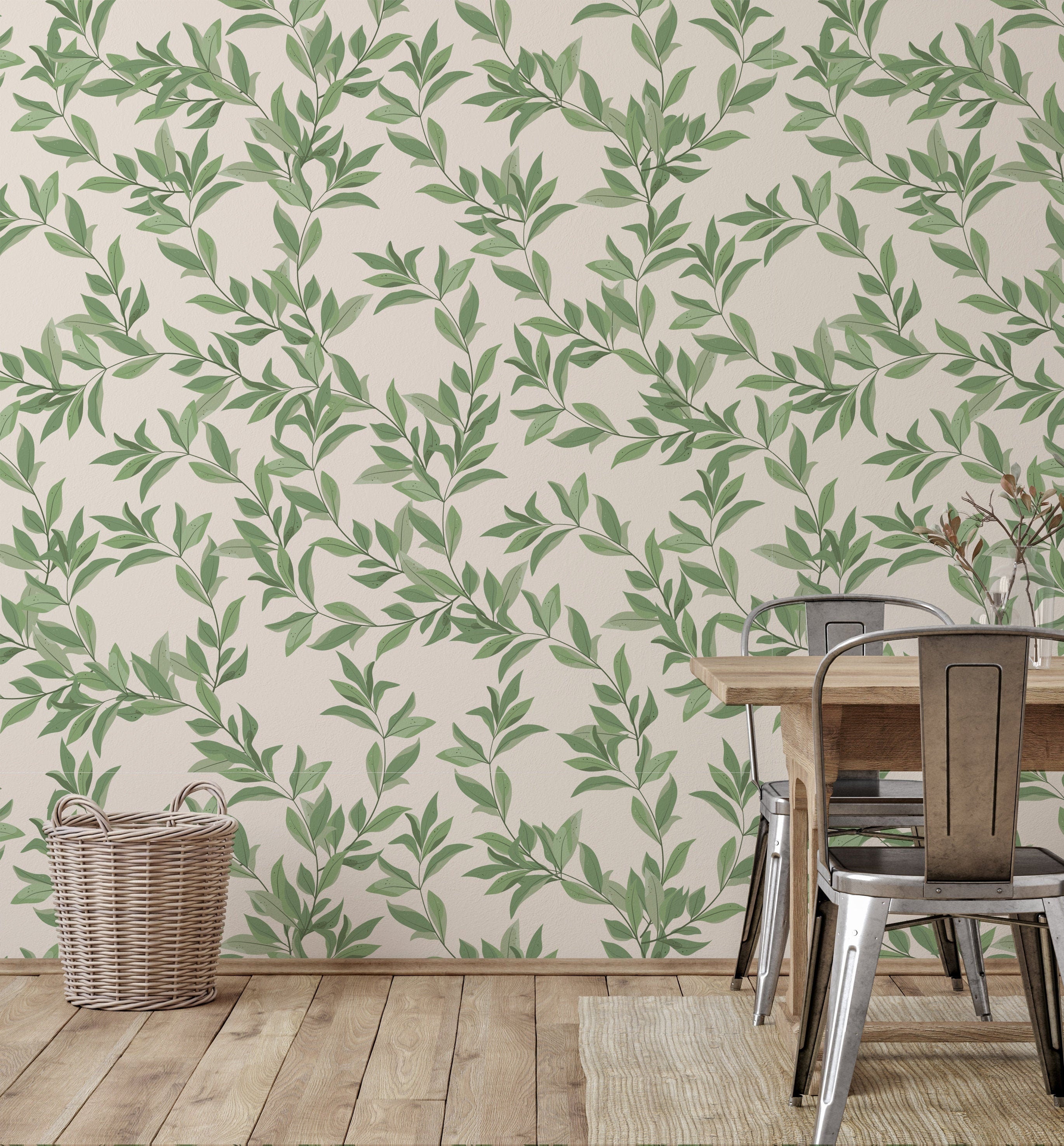 Beige Green Foliage Wallpaper | Removable Wallpaper | Peel And Stick Wallpaper | Adhesive Wallpaper | Wall Paper Peel Stick Wall Mural 2374 - JamesAndColors