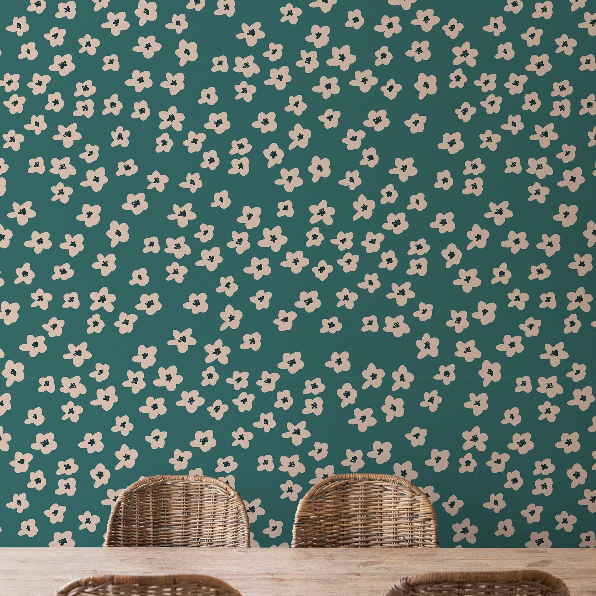 Teal Cream Mini Flower Wallpaper | Wallpaper Peel and Stick | Removable Wallpaper | Wall Paper Peel And Stick | Wall Mural | Wall Decor 147 - JamesAndColors