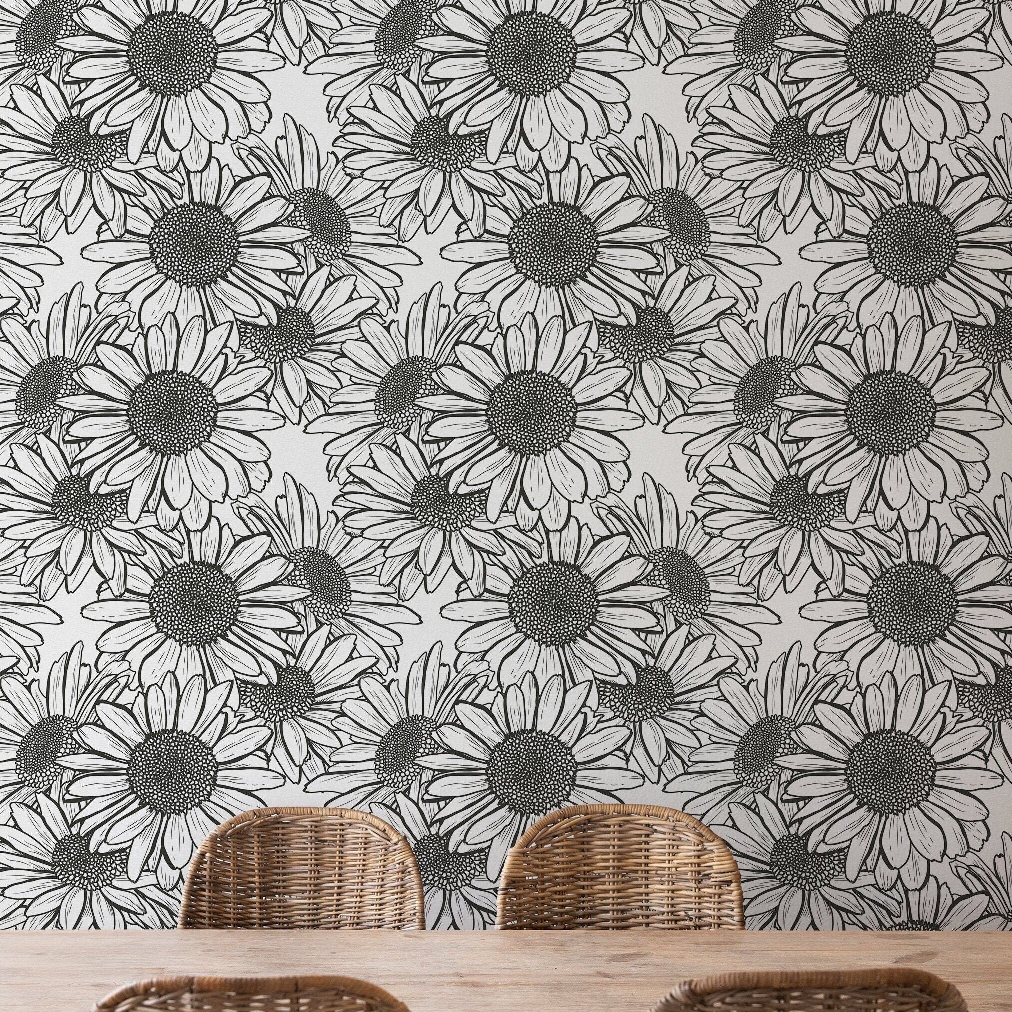 Black White Sunflower Wallpaper | Wallpaper Peel and Stick | Removable Wallpaper | Wall Paper Peel And Stick | Wall Mural | Wall Decor 144 - JamesAndColors