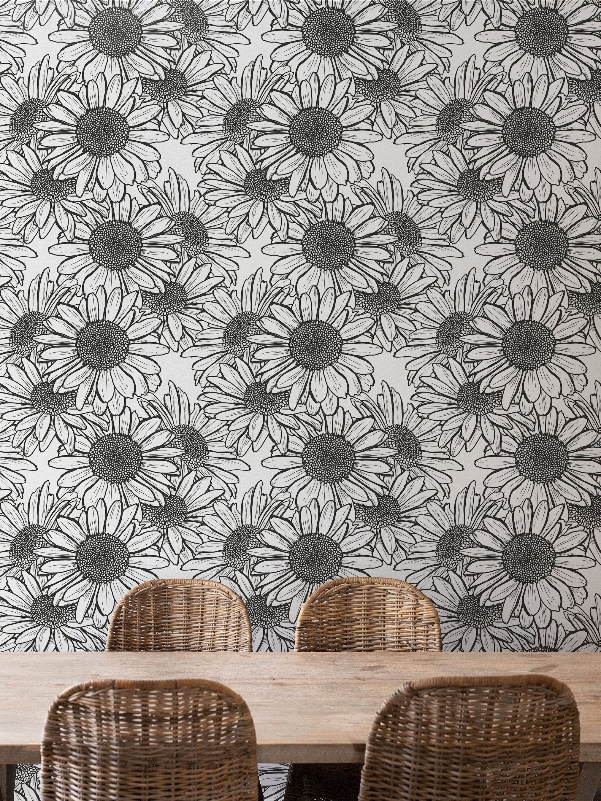 Black White Sunflower Wallpaper | Wallpaper Peel and Stick | Removable Wallpaper | Wall Paper Peel And Stick | Wall Mural | Wall Decor 144 - JamesAndColors