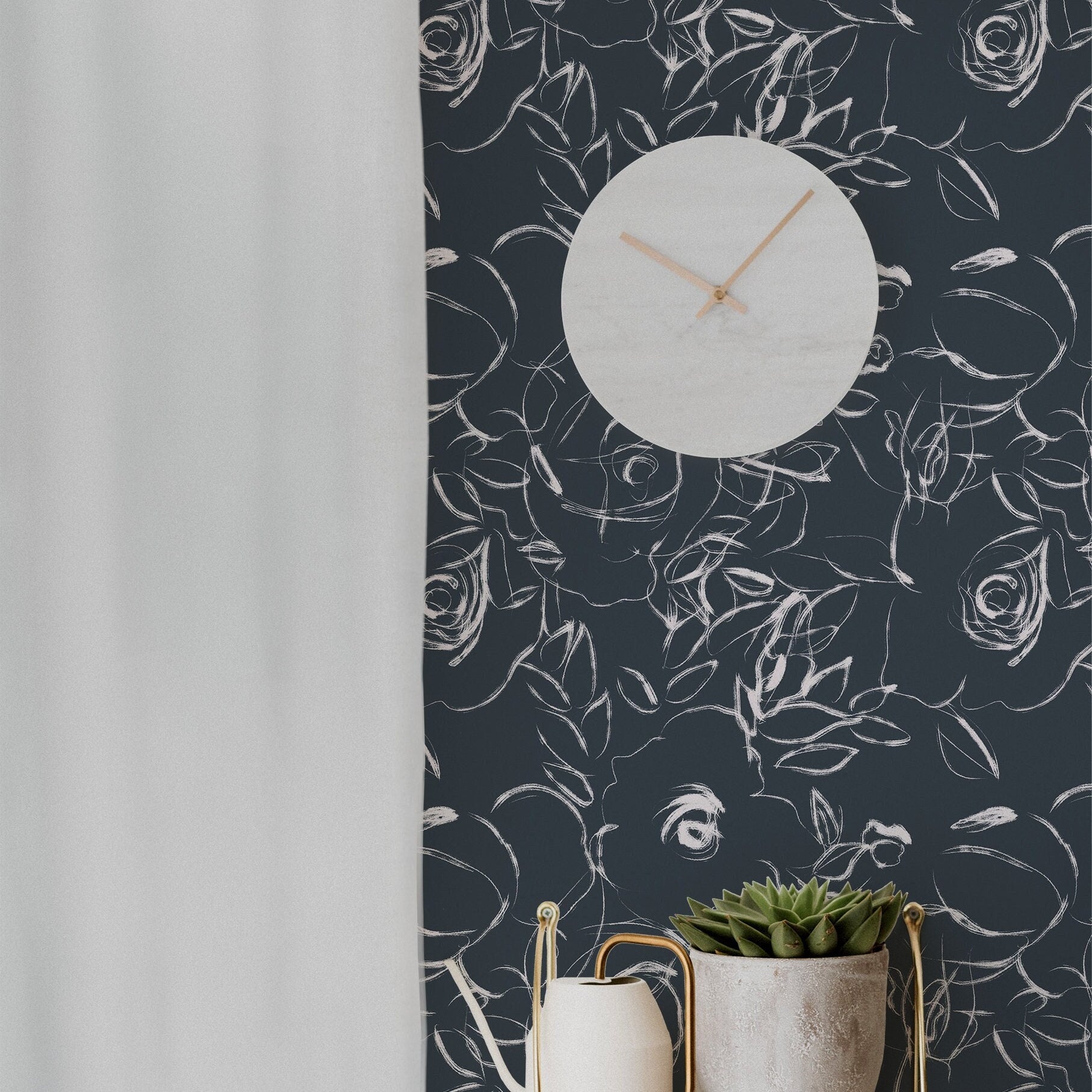 Navy White Floral Wallpaper | Wallpaper Peel and Stick | Removable Wallpaper | Wall Paper Peel And Stick | Wall Mural | Wall Decor 196 - JamesAndColors