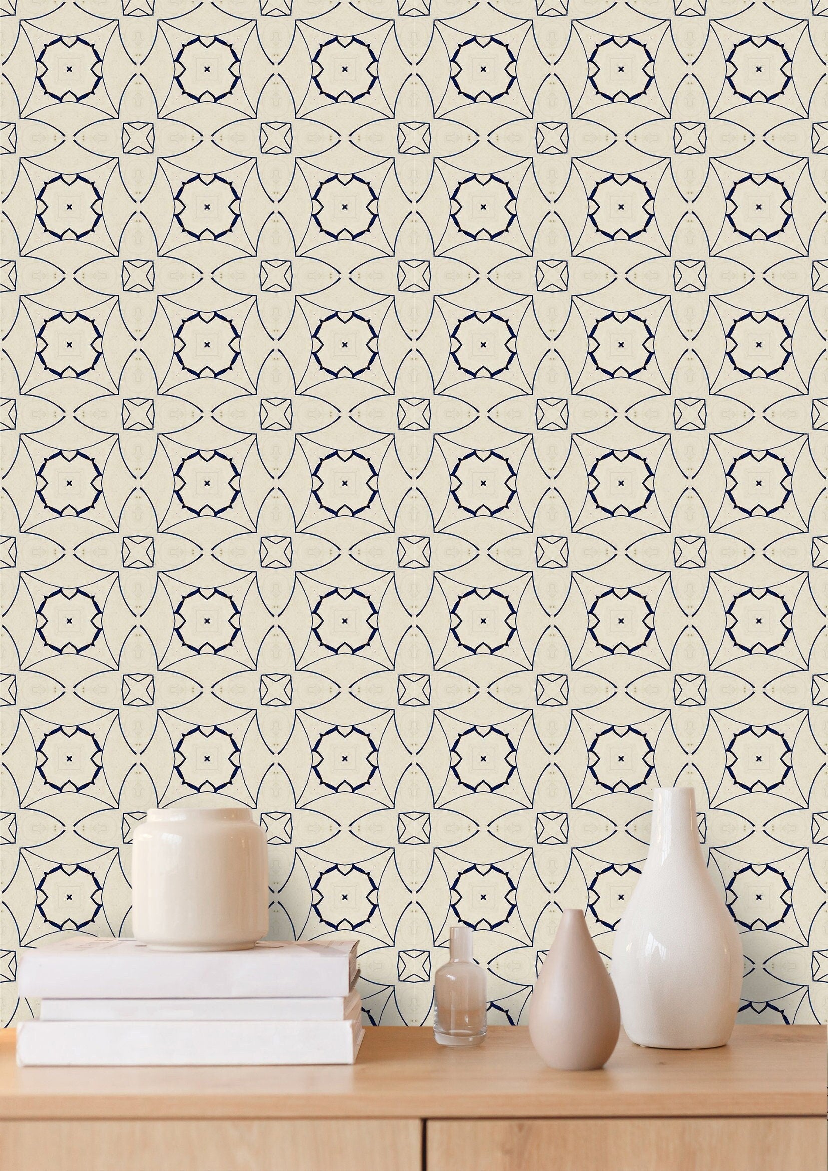 Vintage Cream Navy Wallpaper | Wallpaper Peel and Stick | Removable Wallpaper | Wall Paper Peel And Stick | Wall Mural Wall Decor 713 - James And Colors