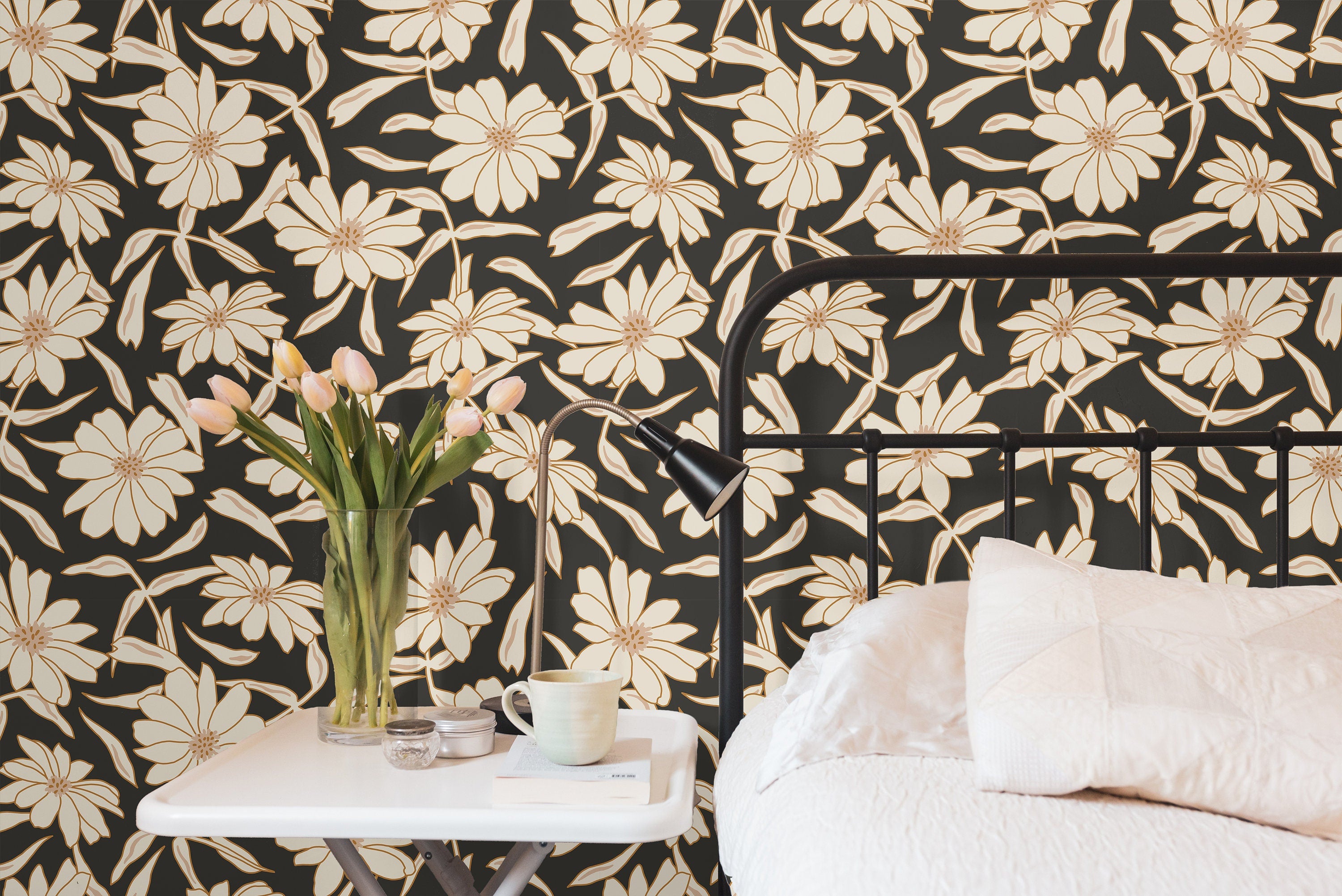 Black And Cream Floral Wallpaper | Wallpaper Peel and Stick | Removable Wallpaper | Wall Paper Peel And Stick | Wall Mural | Wall Decor 3412 - JamesAndColors