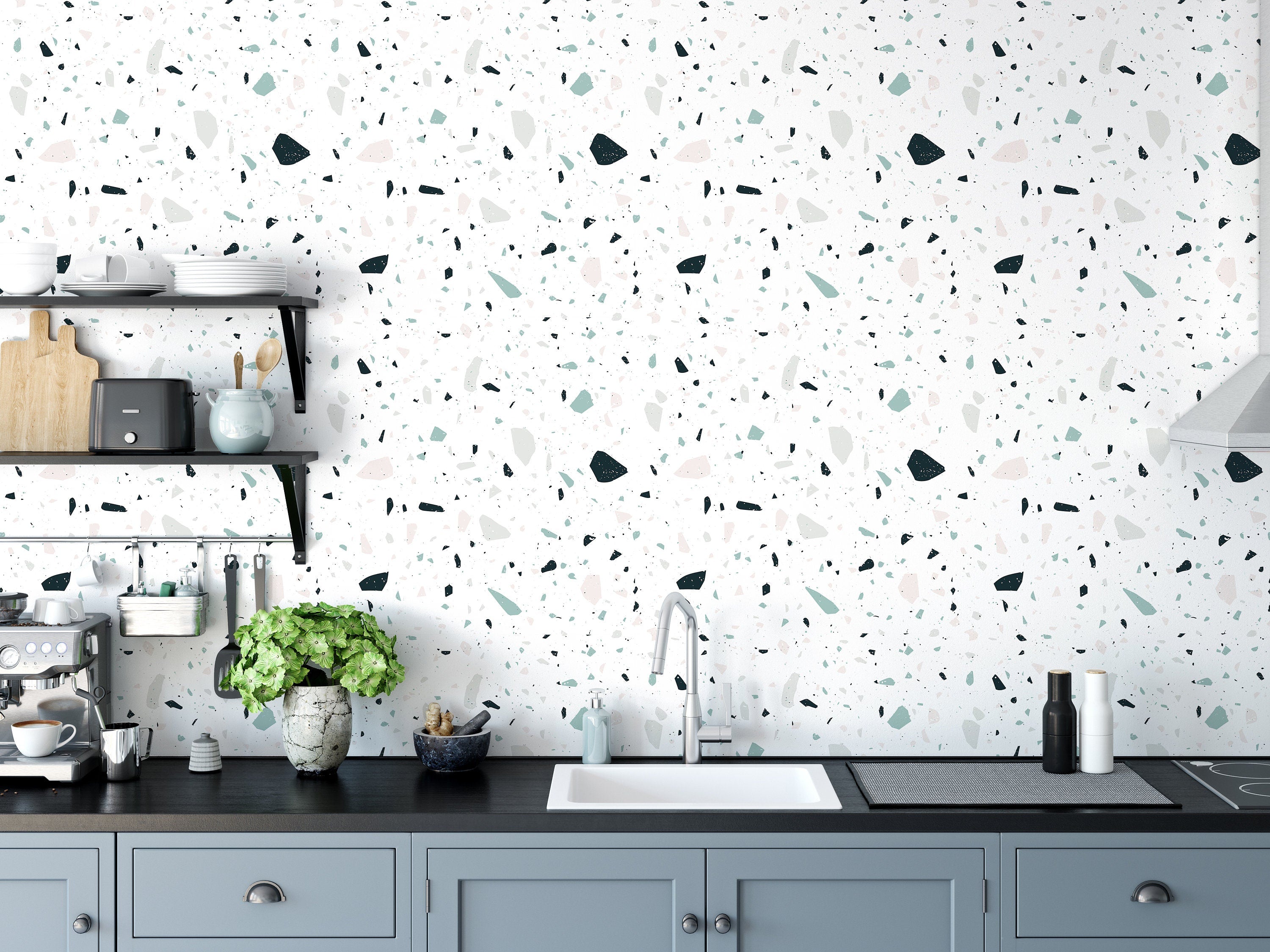Terrazzo White Blue Wallpaper | Wallpaper Peel and Stick | Removable Wallpaper | Wall Paper Peel And Stick | Wall Mural | Wall Decor 3421 - JamesAndColors