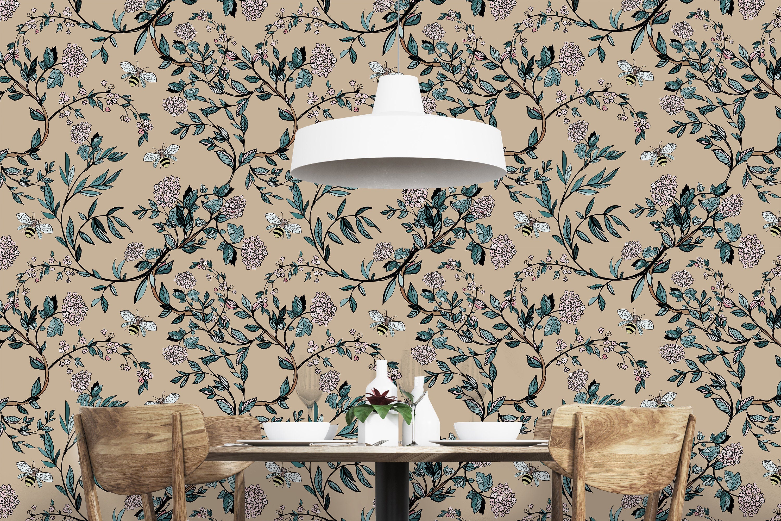 Bees Vine Floral Wallpaper | Wallpaper Peel and Stick | Removable Wallpaper | Peel and Stick Wallpaper | Wall Paper Peel And Stick | 2200 - JamesAndColors
