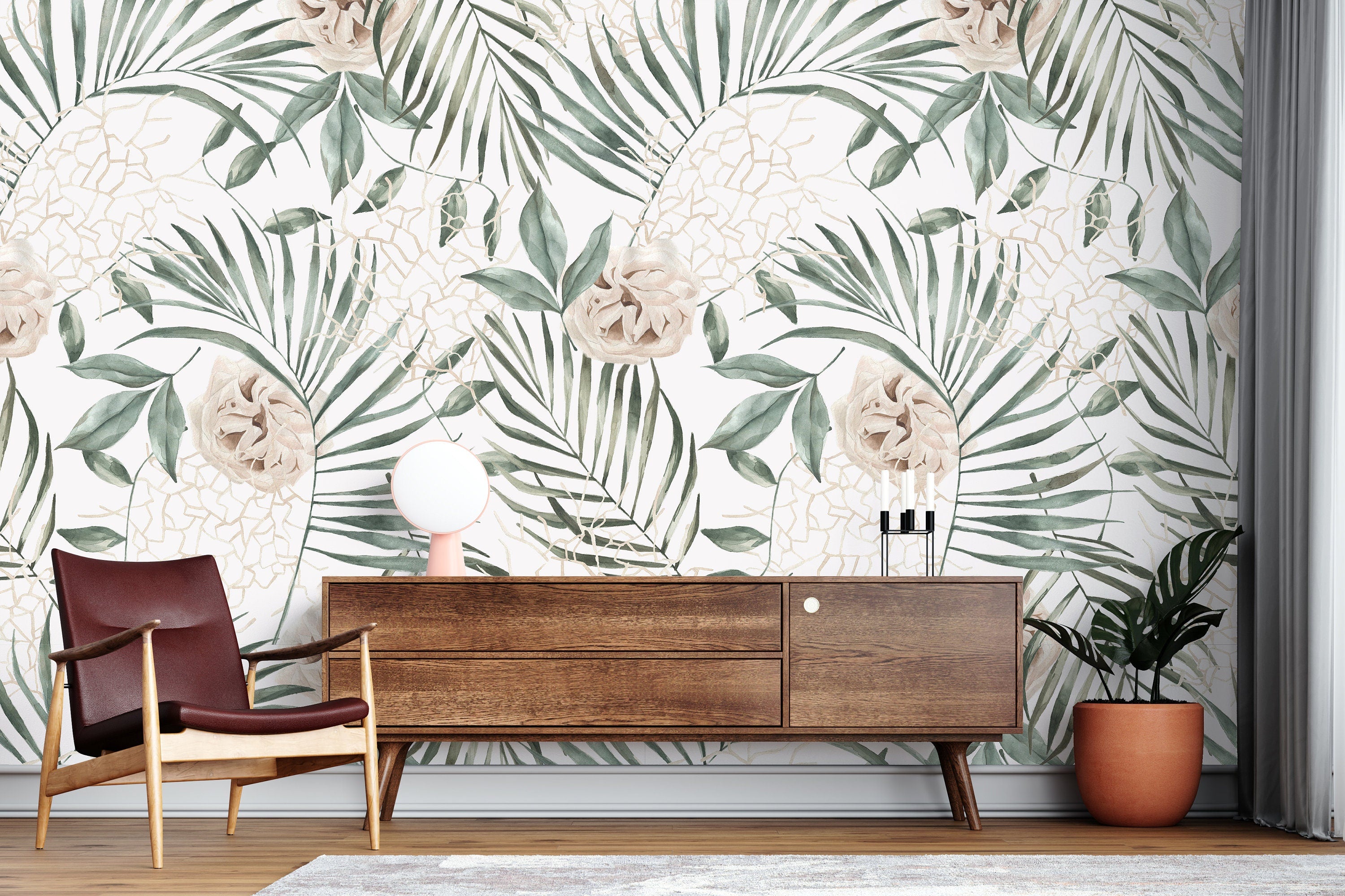 Large Tropical Palm Leaves Soft Floral Wallpaper | Wallpaper Peel and Stick | Removable Wallpaper | Wall Paper Peel And Stick 3441 - JamesAndColors