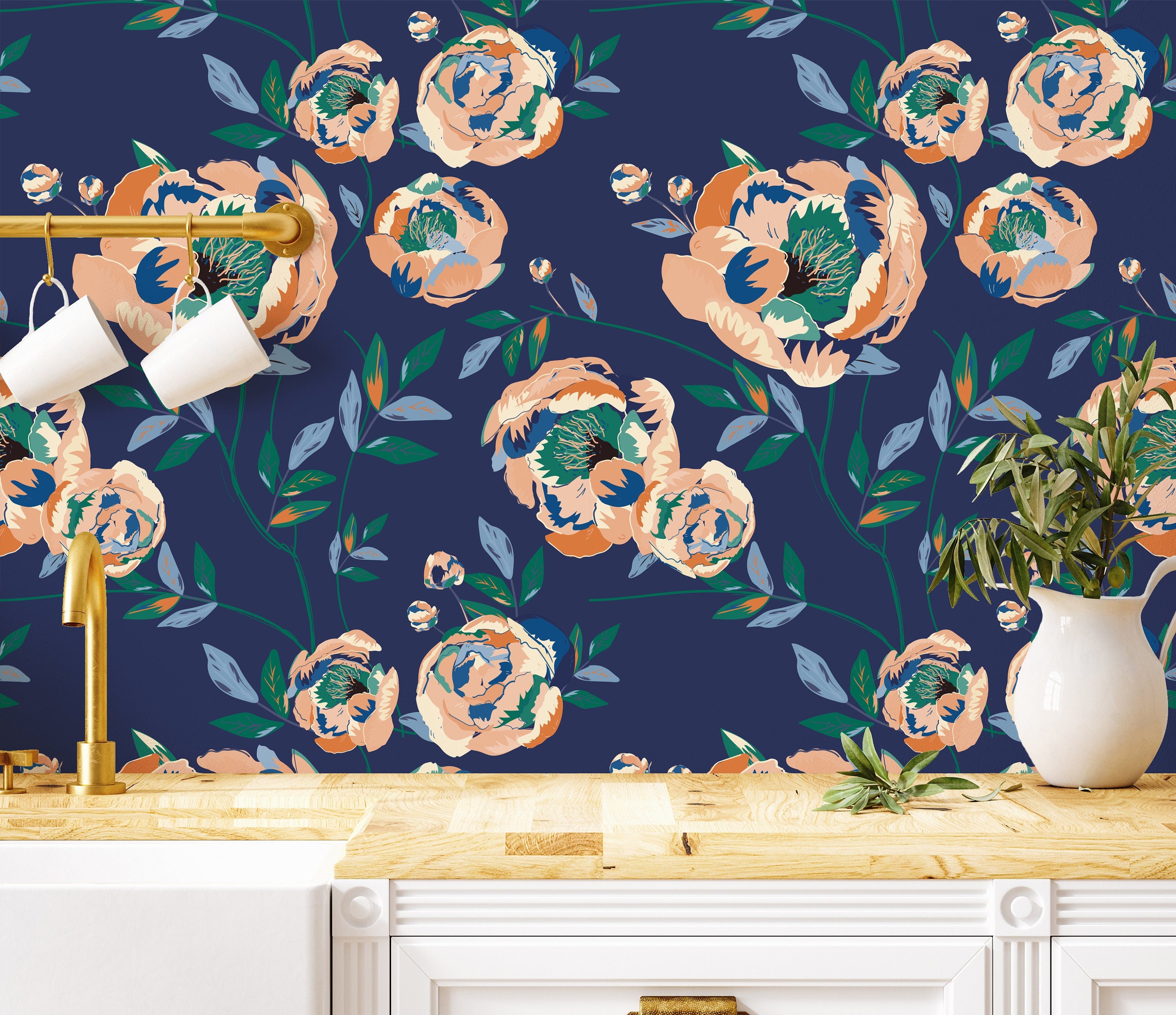 Large Blue Floral Wallpaper | Removable Wallpaper | Peel And Stick Wallpaper | Adhesive Wallpaper | Wall Paper Peel Stick Wall Mural 3463 - JamesAndColors