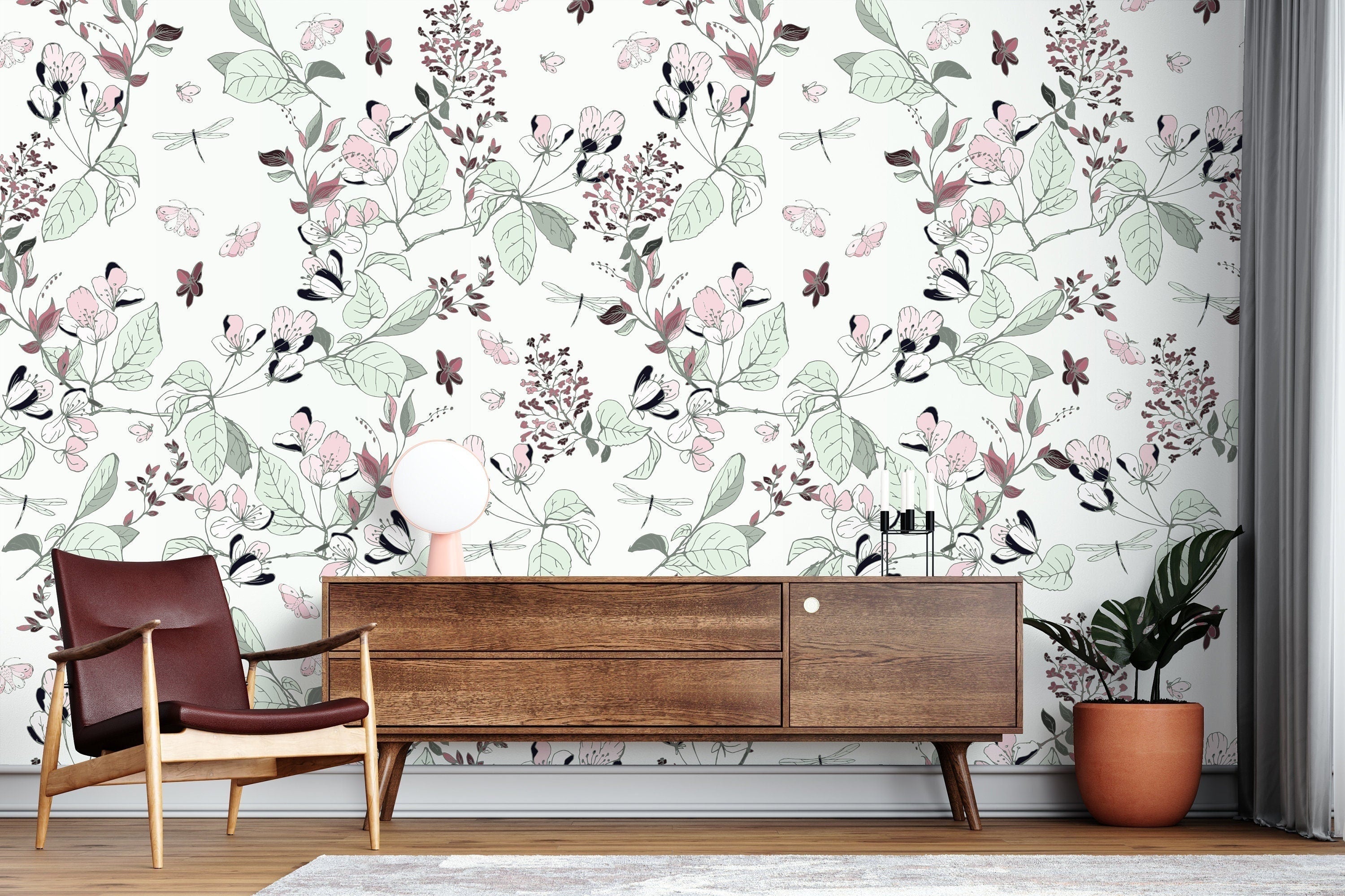 Soft Pink And White Floral Vines Wallpaper | Wallpaper Peel and Stick | Removable Wallpaper | Wall Paper Peel And Stick 3444 - JamesAndColors