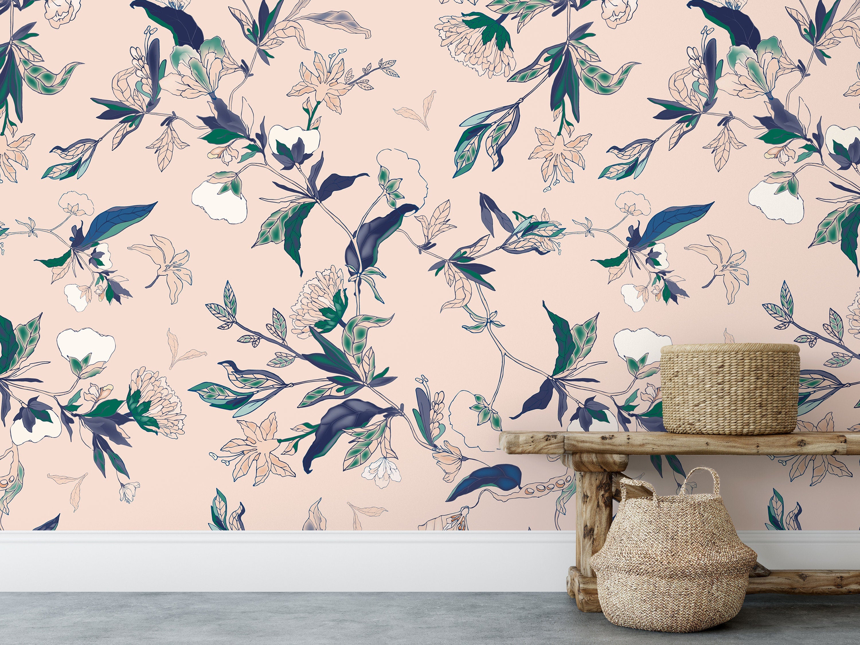 Floral Pink Cream Wallpaper | Removable Wallpaper | Peel And Stick Wallpaper | Adhesive Wallpaper | Wall Paper Peel Stick Wall Mural 3455 - JamesAndColors