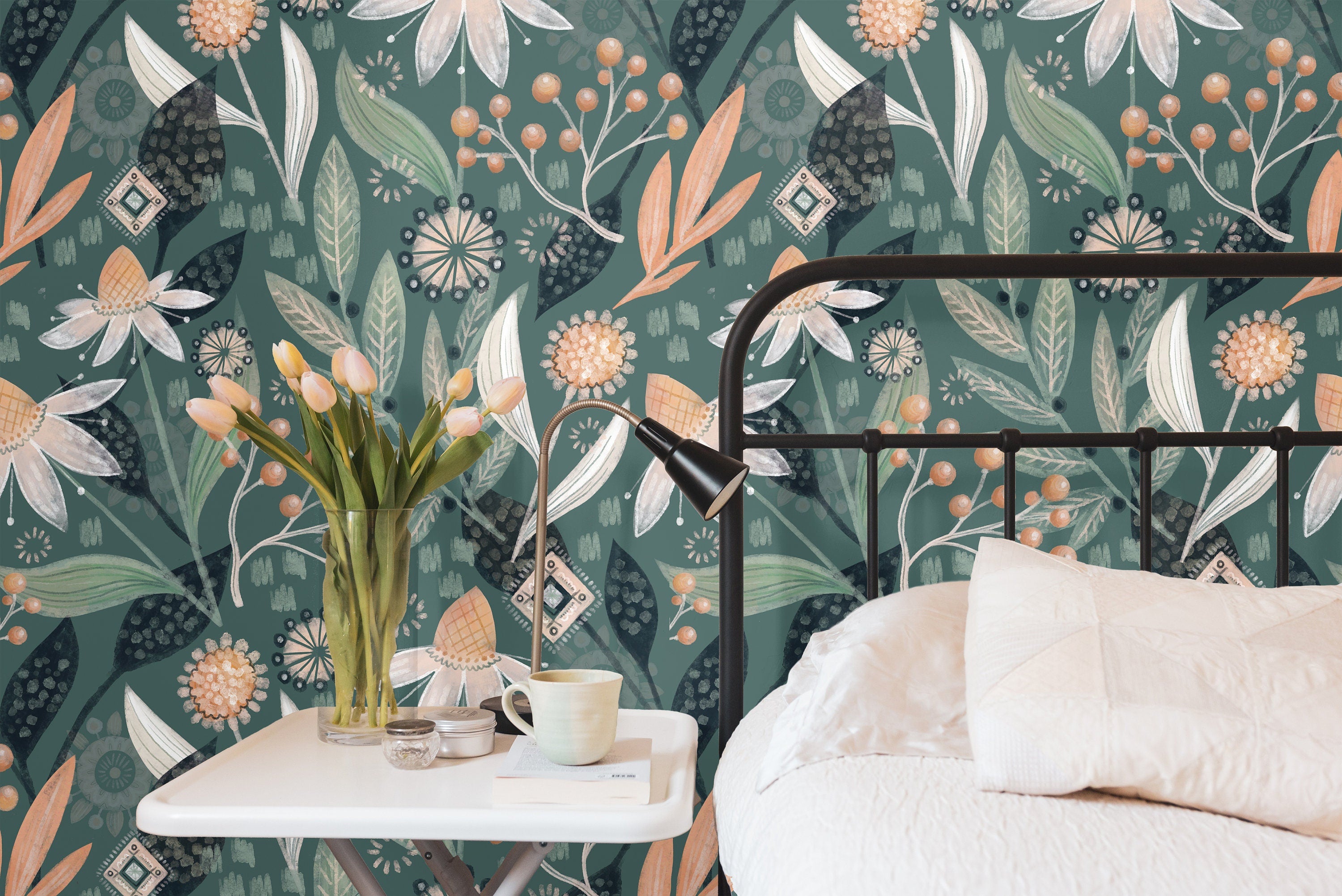 Green Floral Leaf Boho Wallpaper | Wallpaper Peel and Stick | Removable Wallpaper | Wall Paper Peel And Stick | Wall Mural | Wall Decor 3468 - JamesAndColors