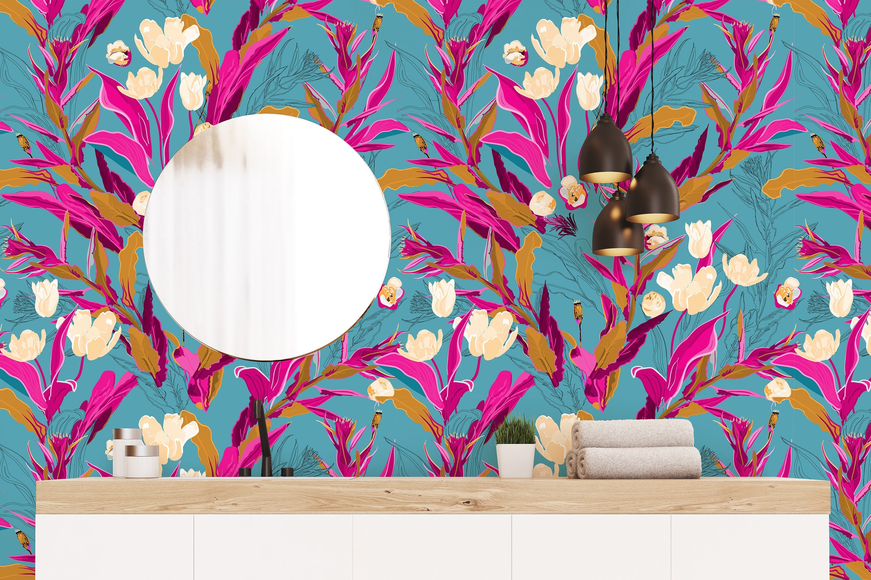 Blue Tropical Floral Wallpaper | Wallpaper Peel and Stick | Removable Wallpaper | Peel and Stick Wallpaper | Wall Paper Peel And Stick  2236 - JamesAndColors