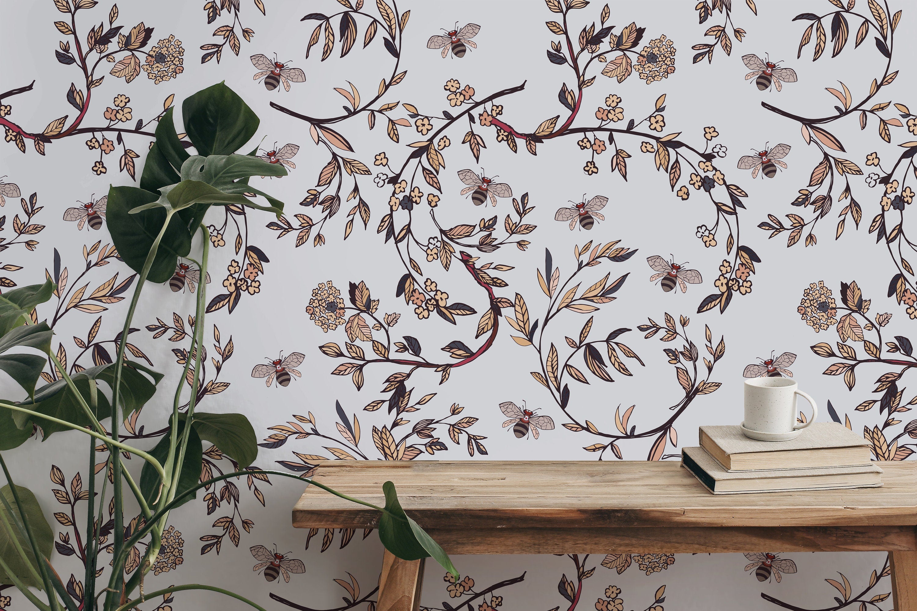 Vintage Gray Bee Branches Floral Wallpaper | Wallpaper Peel and Stick | Removable Wallpaper | Wall Paper Peel And Stick 2067 - JamesAndColors