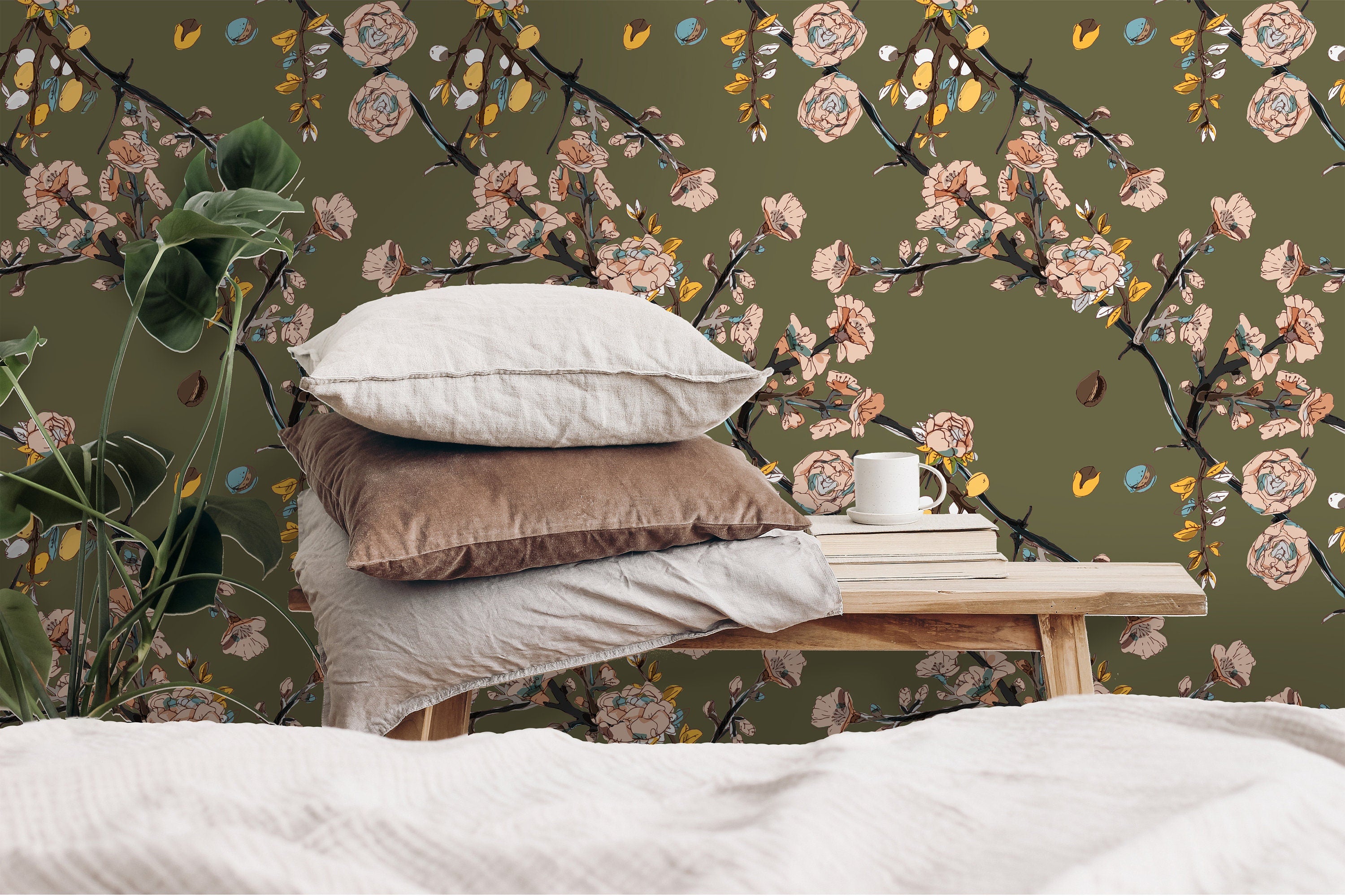 Removable Wallpaper Olive Branches Wall Mural | Peel and Stick Accent Wallpaper | Temporary Wallpaper |  | 2173 - James And Colors