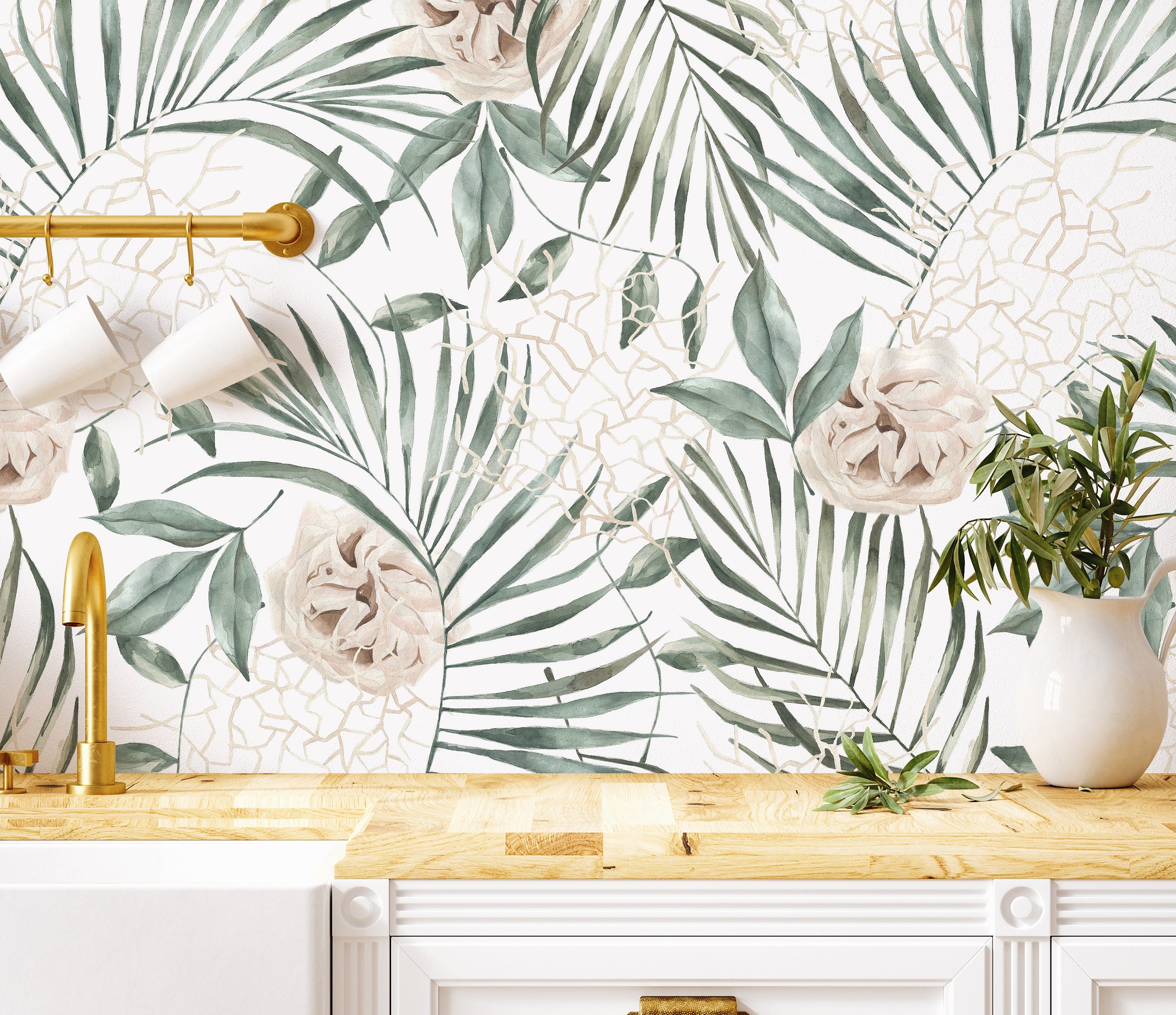 Large Tropical Palm Leaves Soft Floral Wallpaper | Wallpaper Peel and Stick | Removable Wallpaper | Wall Paper Peel And Stick 3441 - JamesAndColors