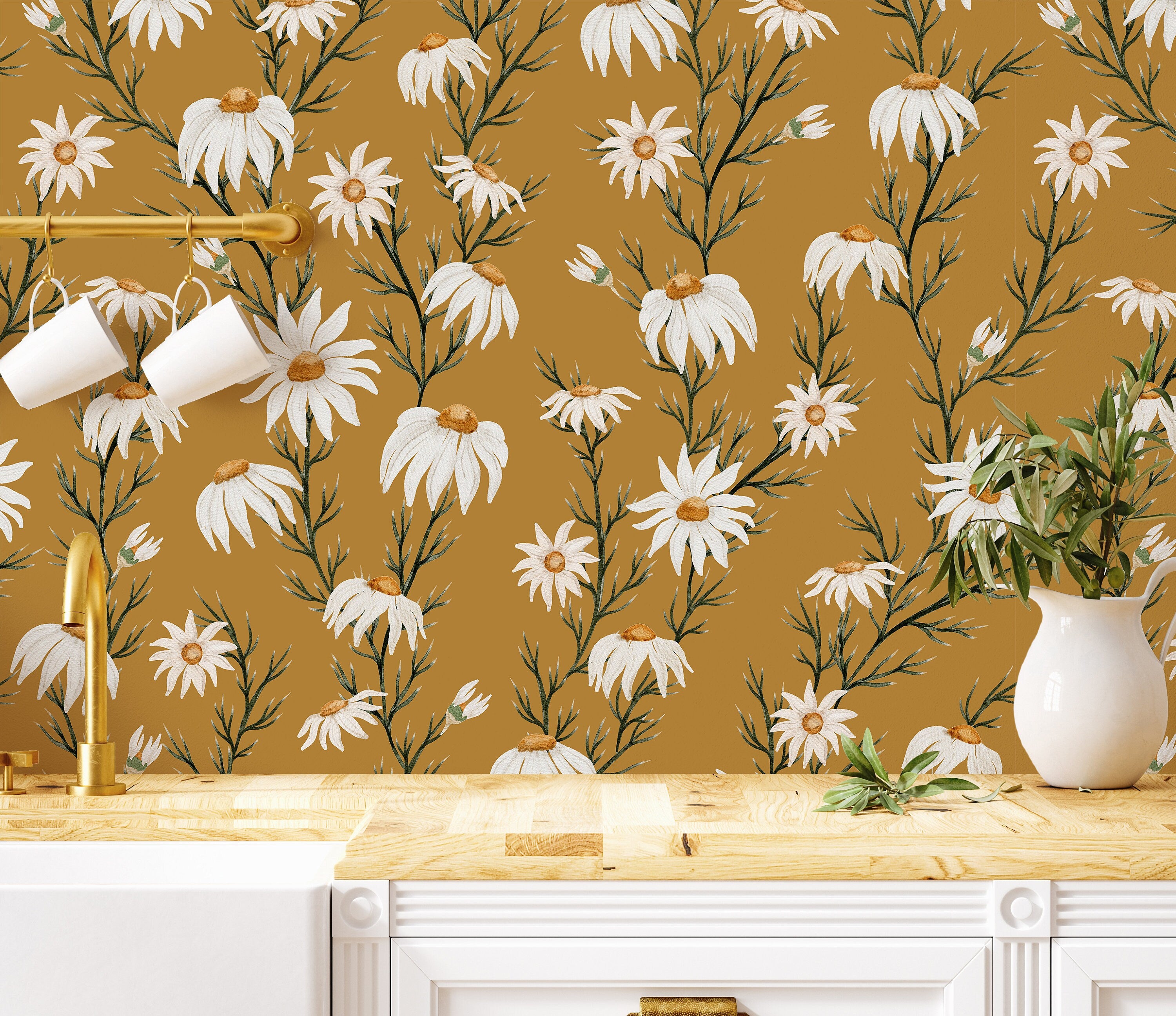 Golden Daisy Farmhouse Wallpaper | Wallpaper Peel and Stick | Removable Wallpaper | Wall Paper Peel And Stick | Wall Mural | Wall Decor 3442 - JamesAndColors