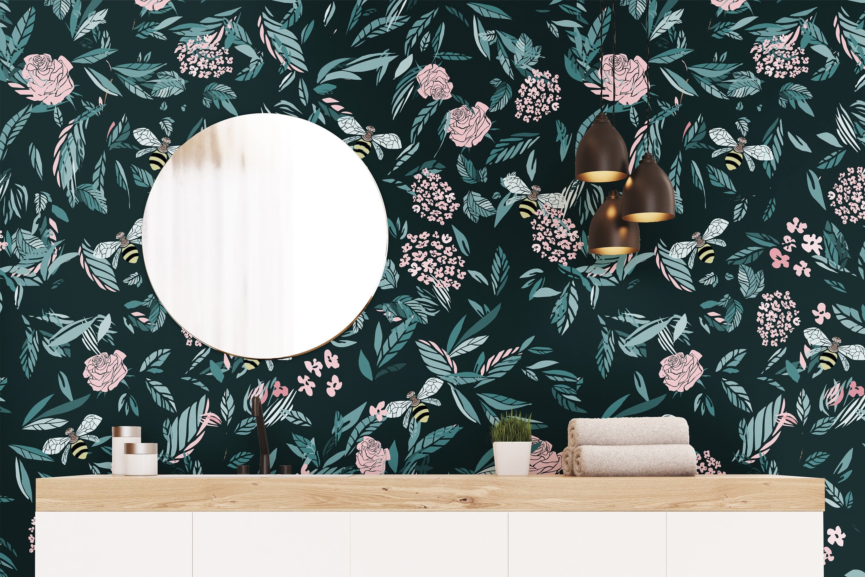 Floral And Bee Dark Wallpaper | Removable Wallpaper | Peel And Stick Wallpaper | Adhesive Wallpaper | Wall Paper Peel Stick Wall Mural 3459 - JamesAndColors