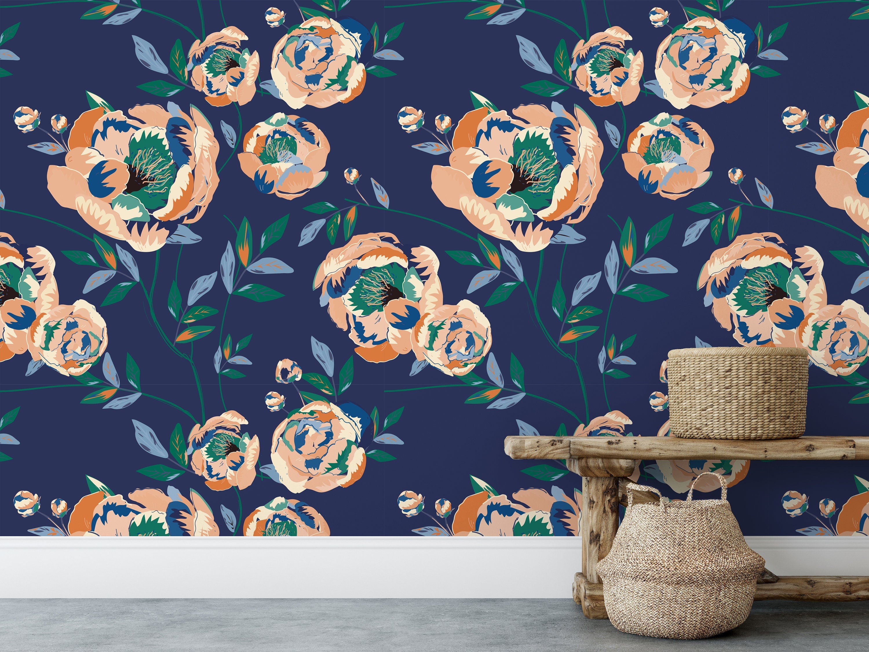 Large Blue Floral Wallpaper | Removable Wallpaper | Peel And Stick Wallpaper | Adhesive Wallpaper | Wall Paper Peel Stick Wall Mural 3463 - JamesAndColors