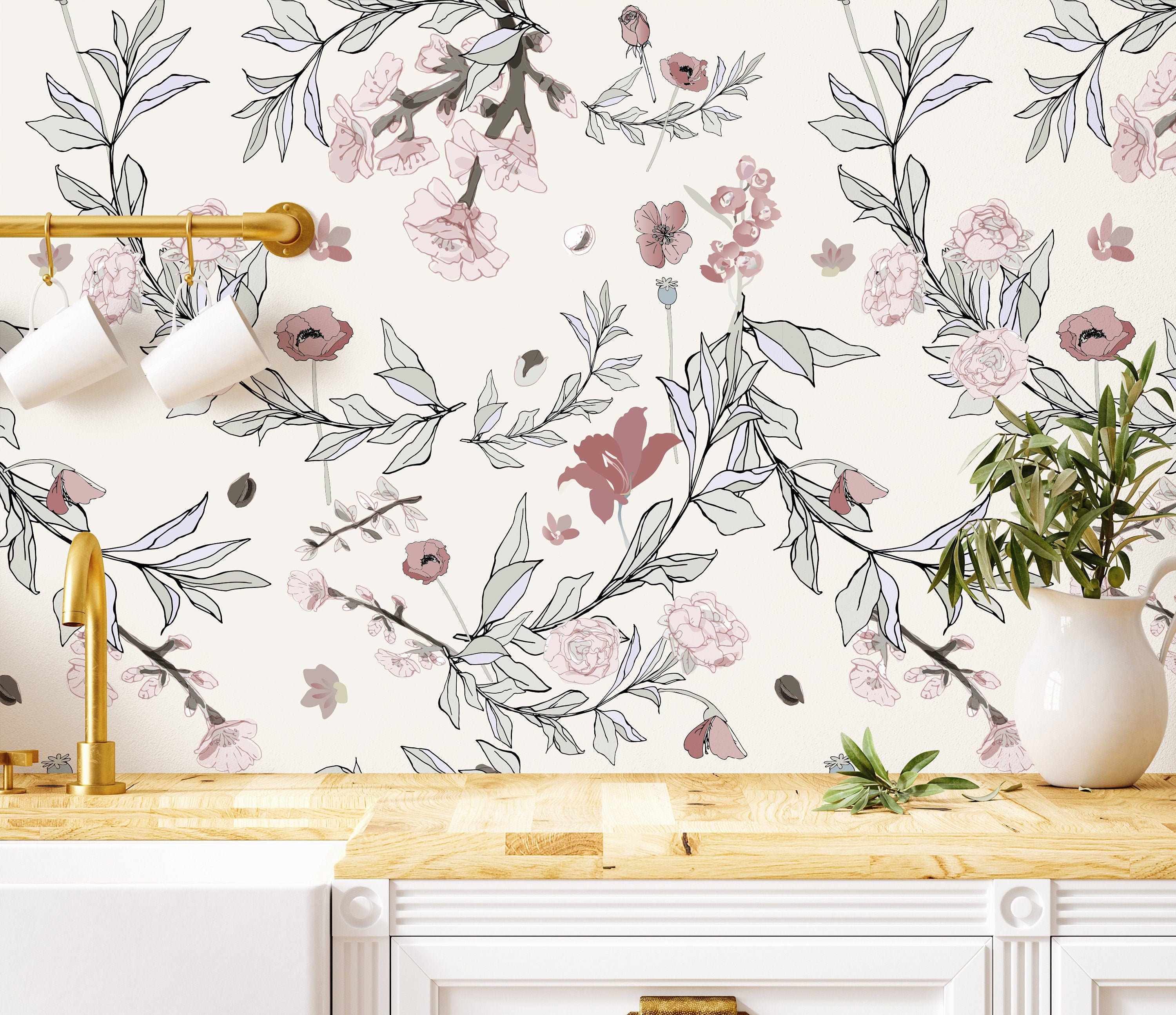 Large Blue Floral Wallpaper | Removable Wallpaper | Peel And Stick Wallpaper | Adhesive Wallpaper | Wall Paper Peel Stick Wall Mural 3448 - JamesAndColors