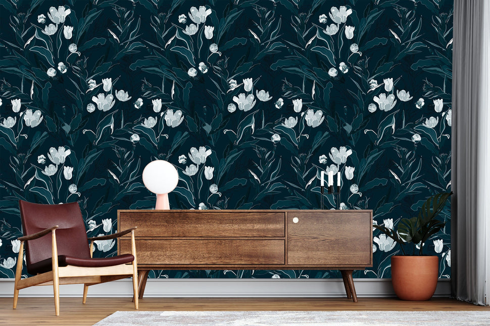 Dark Navy Floral Wallpaper | Removable Wallpaper | Peel And Stick ...