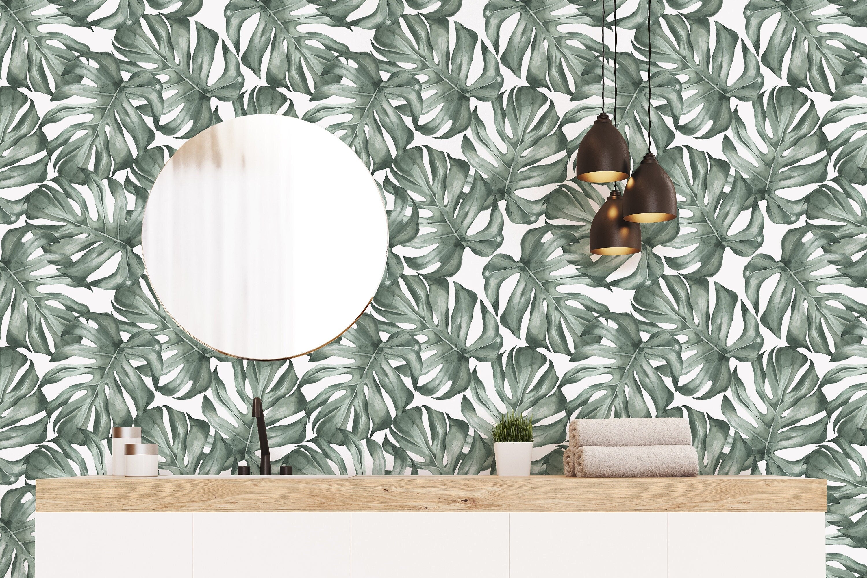 Removable Wallpaper Green Monstera Tropic | Peel And Stick Wallpaper| Wallpaper Mural | Tropical Wallpaper | Wall Decor 3410 - JamesAndColors
