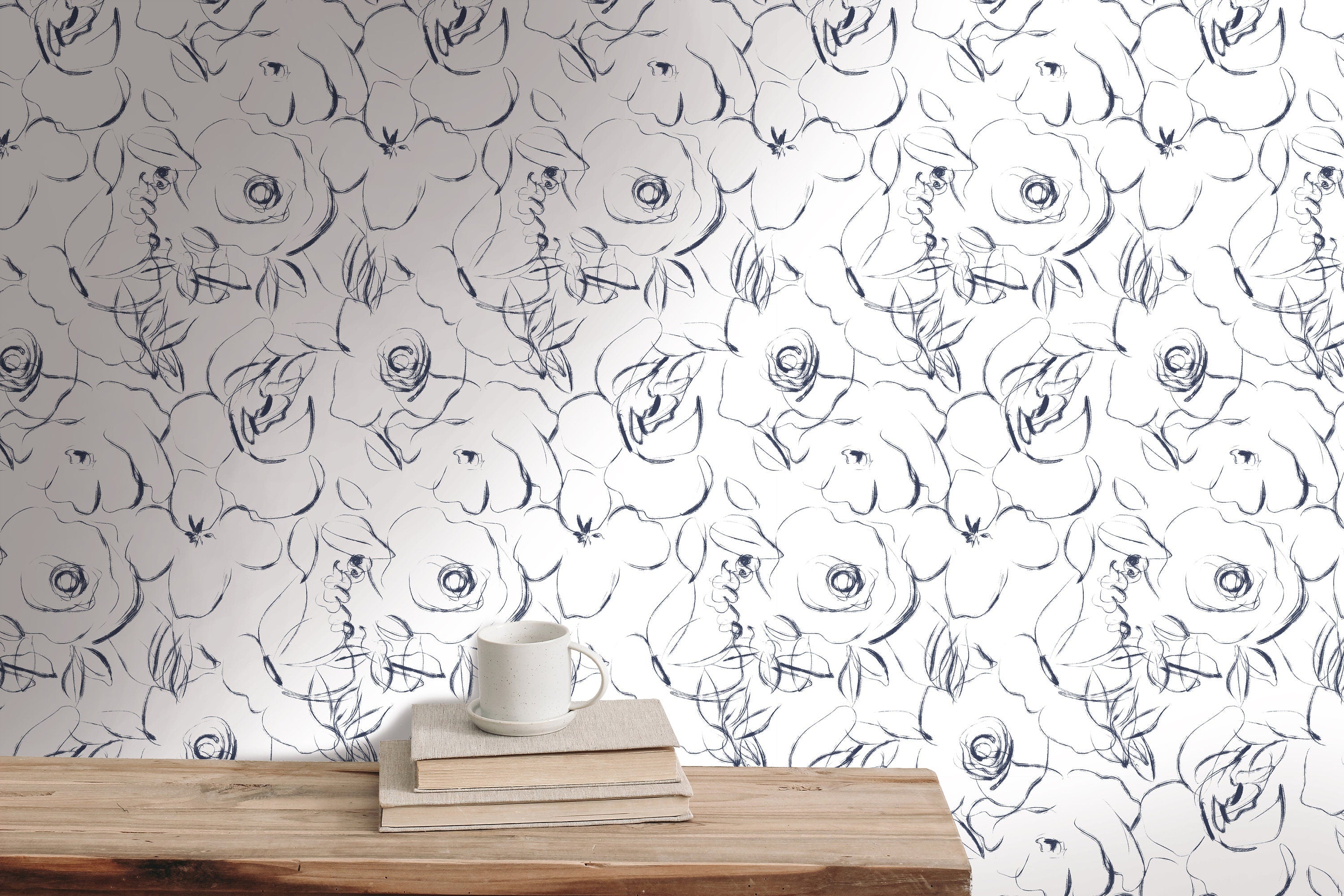 White Navy Floral Wallpaper | Wallpaper Peel and Stick | Removable Wallpaper | Wall Paper Peel And Stick | Wall Mural | Wall Decor 197 - JamesAndColors