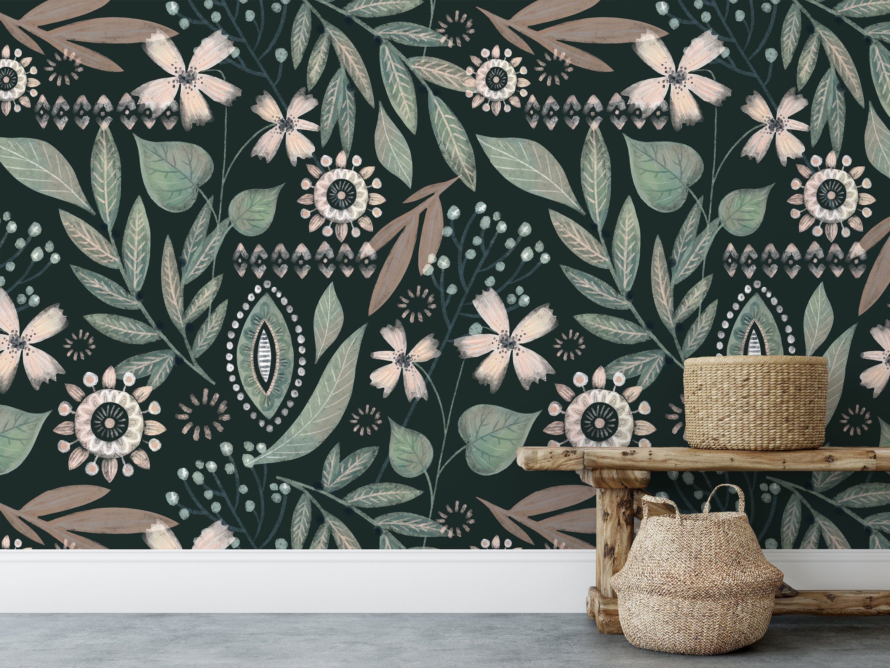 Green Floral Leaf Boho Wallpaper | Wallpaper Peel and Stick | Removable Wallpaper | Wall Paper Peel And Stick | Wall Mural | Wall Decor 3467 - JamesAndColors