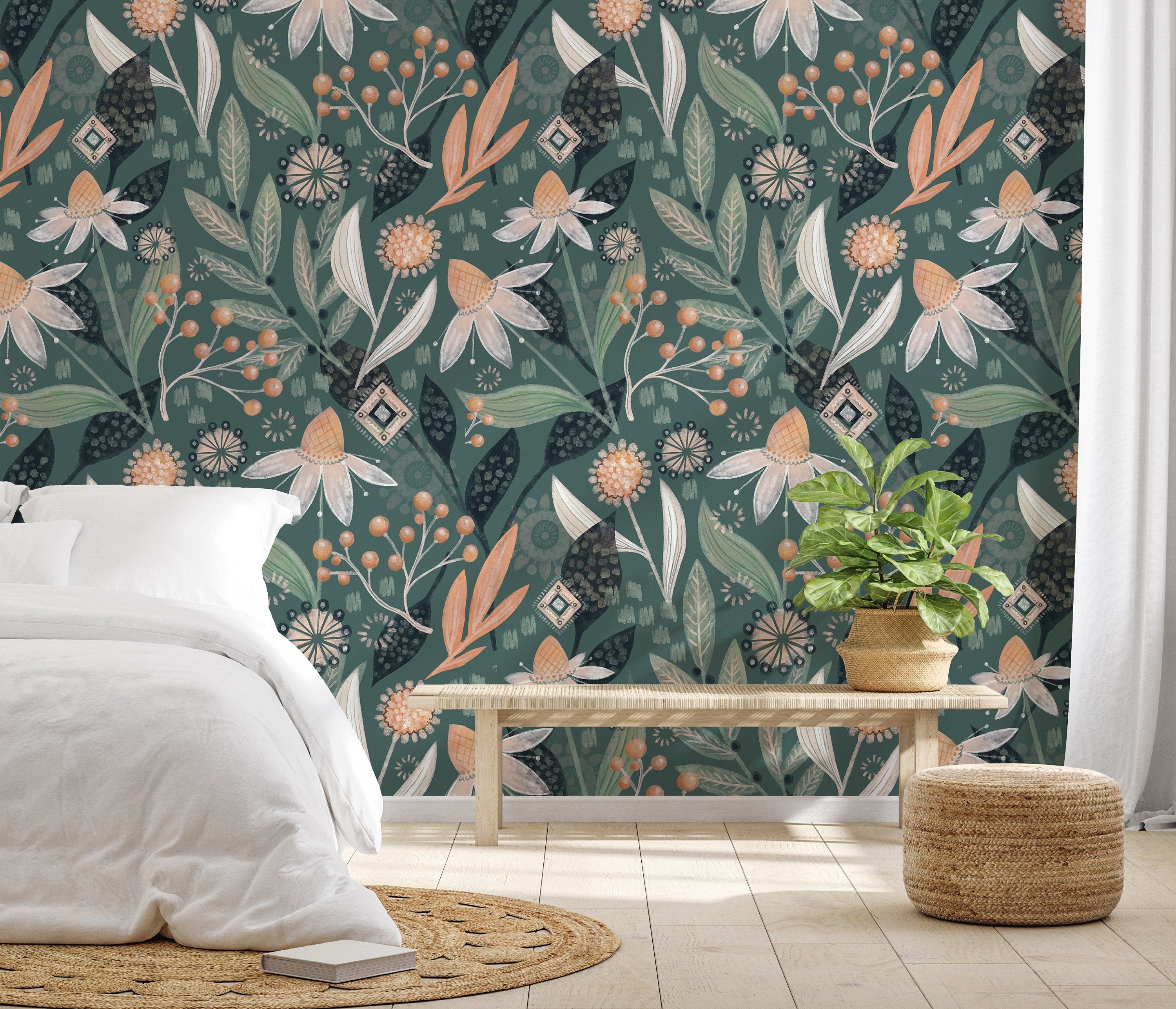 Green Floral Leaf Boho Wallpaper | Wallpaper Peel and Stick | Removable ...