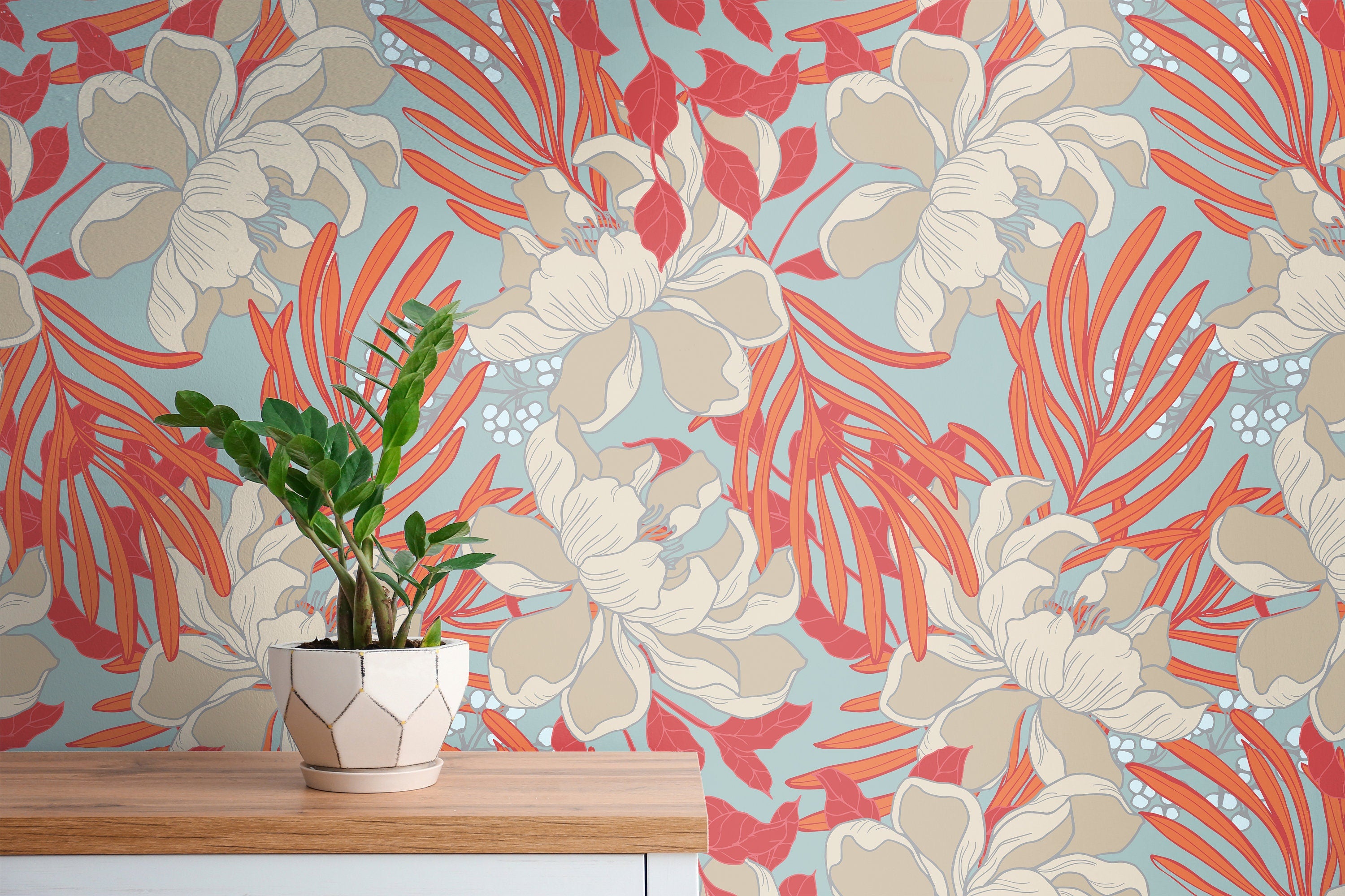 Set of 4 Panels of 24in (2ft) x 72in (6ft) Orange Floral DISCOUNTED Peel and Stick TEXTURE Wallpaper 995