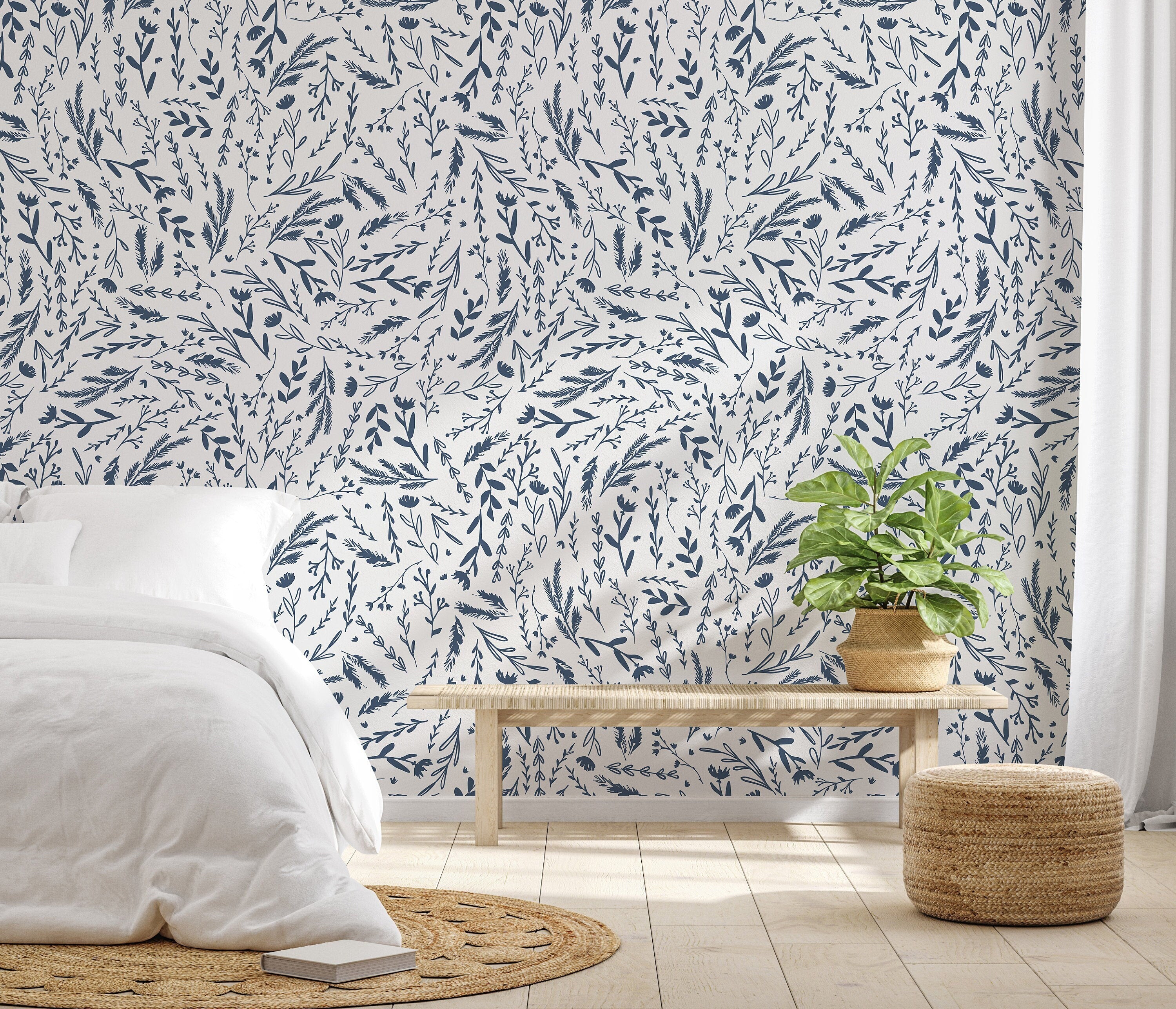 Blue White Wildflower Wallpaper | Wallpaper Peel and Stick | Removable Wallpaper | Wall Paper Peel And Stick | Wall Mural Wall Decor 2395 - JamesAndColors