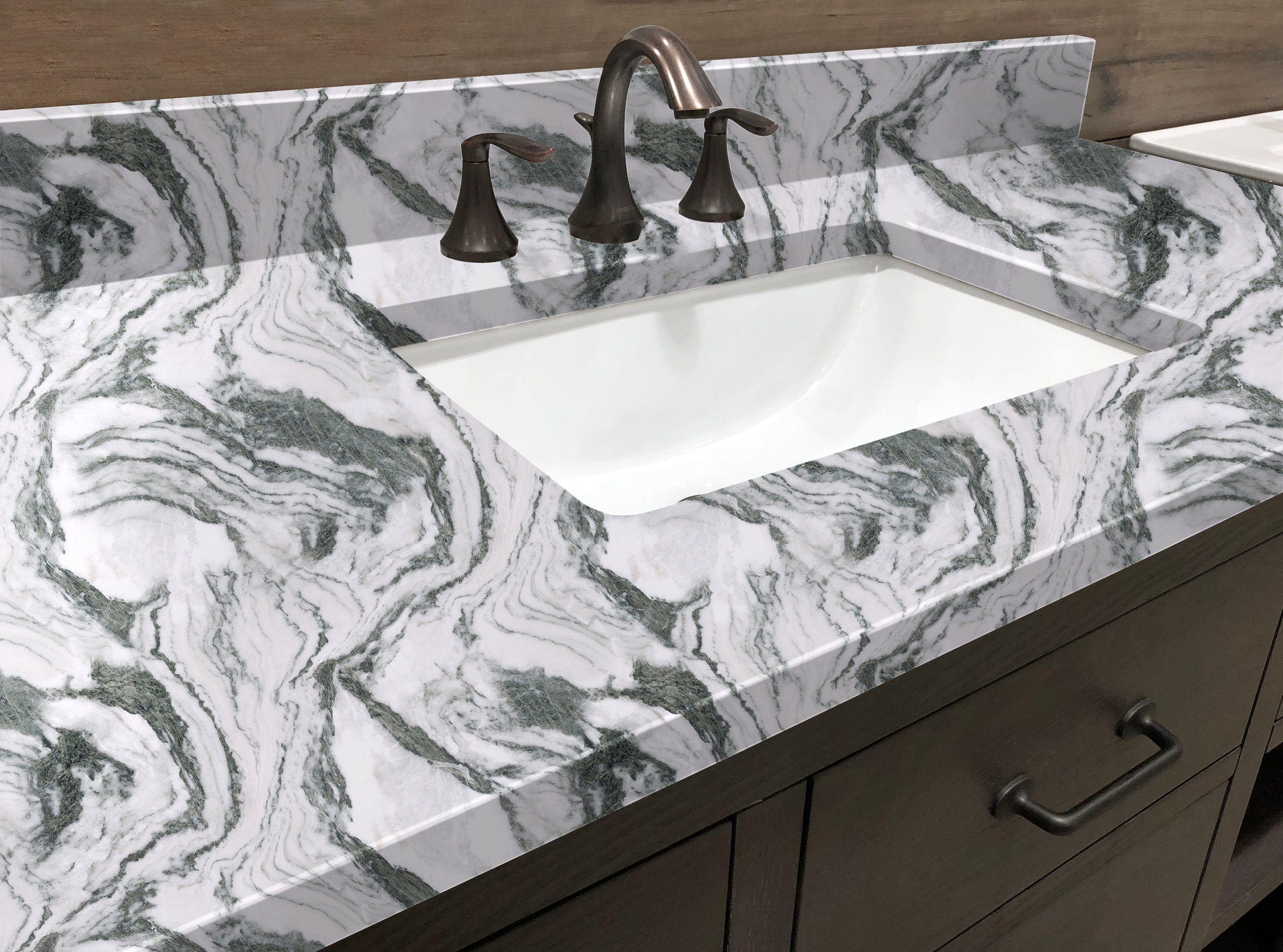 Countertop 4: Close-up of gray-veined marble contact paper applied to a bathroom vanity countertop, featuring a luxurious white and deep gray swirl design with a professional finish.