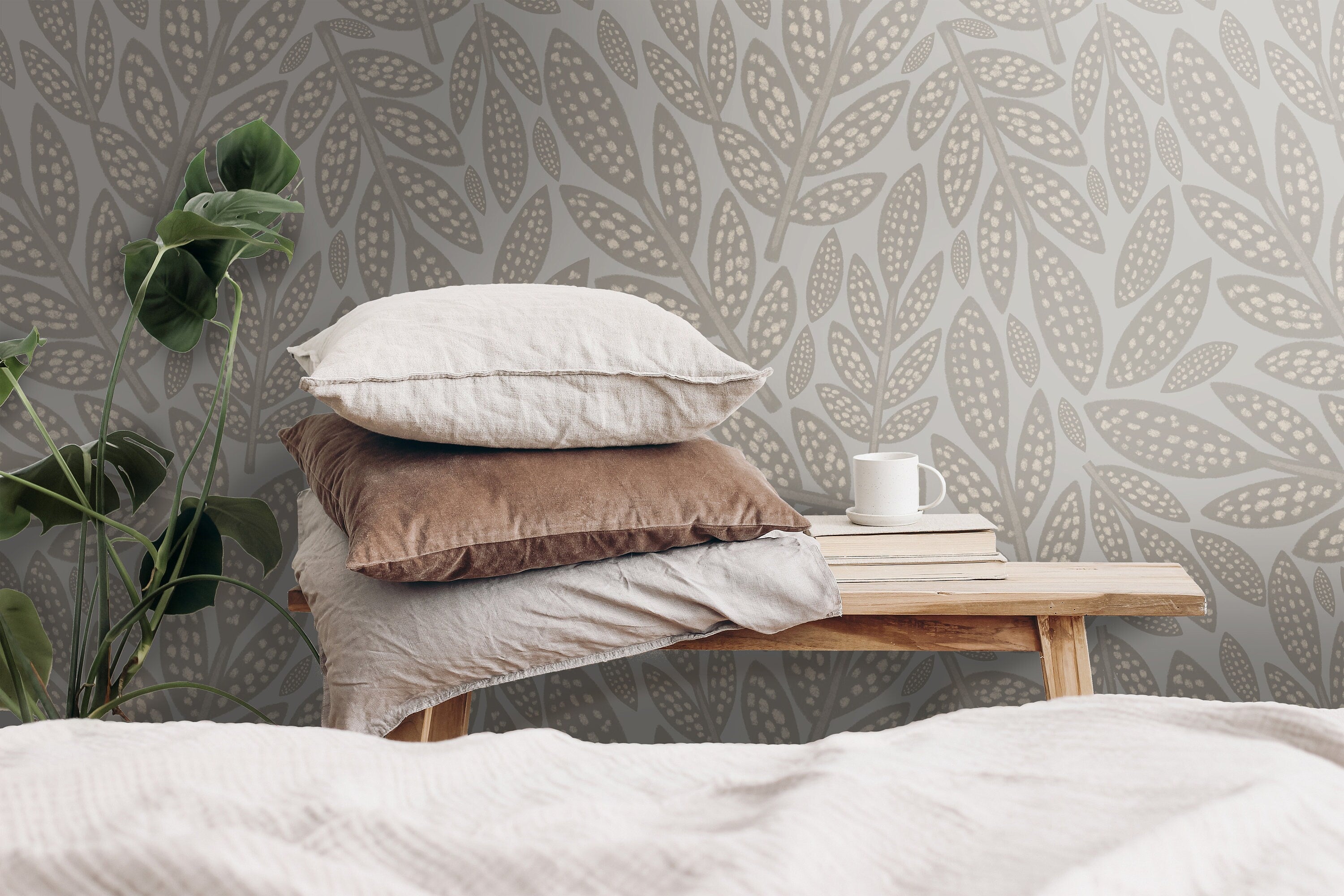 Peel and Stick Wallpaper Beige Tan Cream Leaf Foliage  Farmhouse Wallpaper | Removable Wallpaper | Wall Paper Peel Stick Wall Mural 3493 - James And Colors