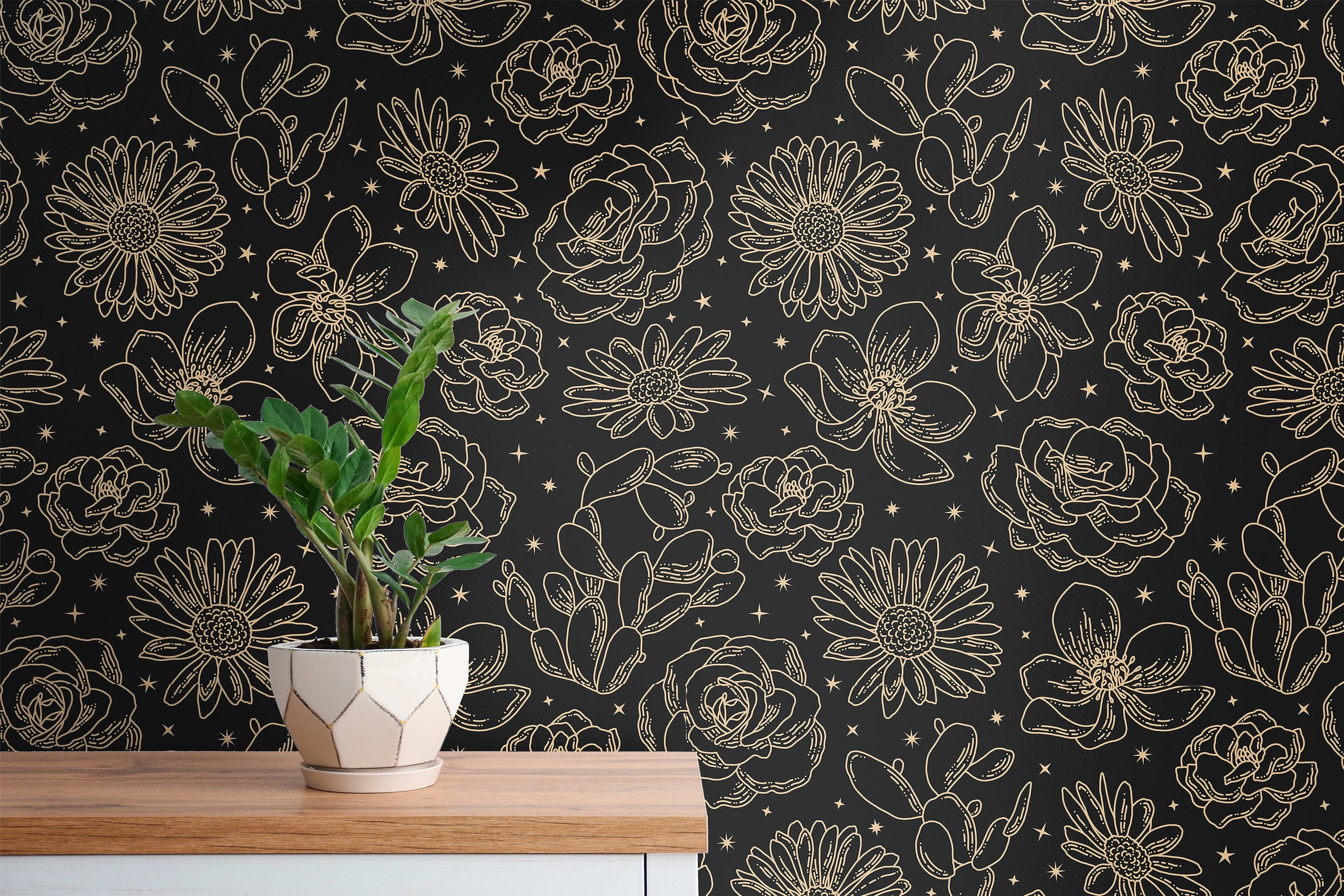 Removable Wallpaper Black Gold Floral Star Wallpaper | Peel And Stick Wallpaper | Adhesive Wallpaper | Wall Paper Peel Stick Wall Mural 3532 - JamesAndColors