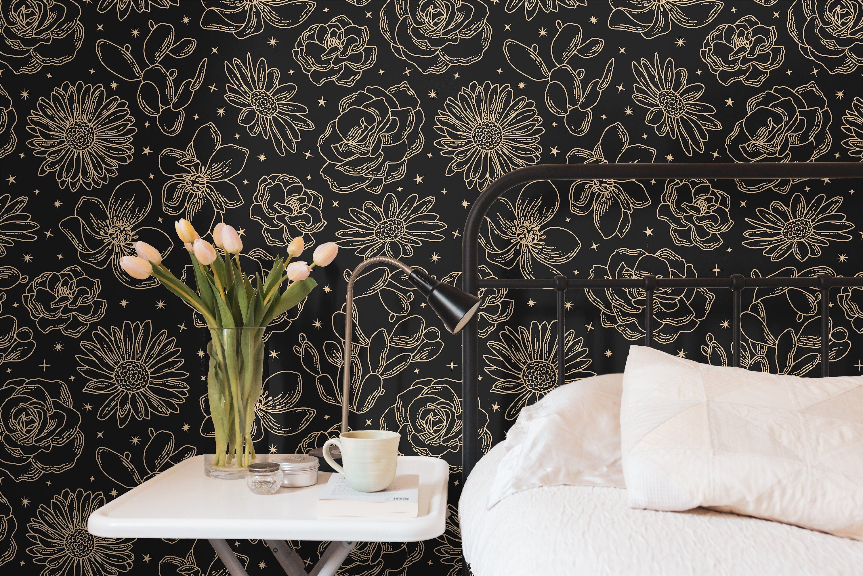 Removable Wallpaper Black Gold Floral Star Wallpaper | Peel And Stick Wallpaper | Adhesive Wallpaper | Wall Paper Peel Stick Wall Mural 3532 - JamesAndColors
