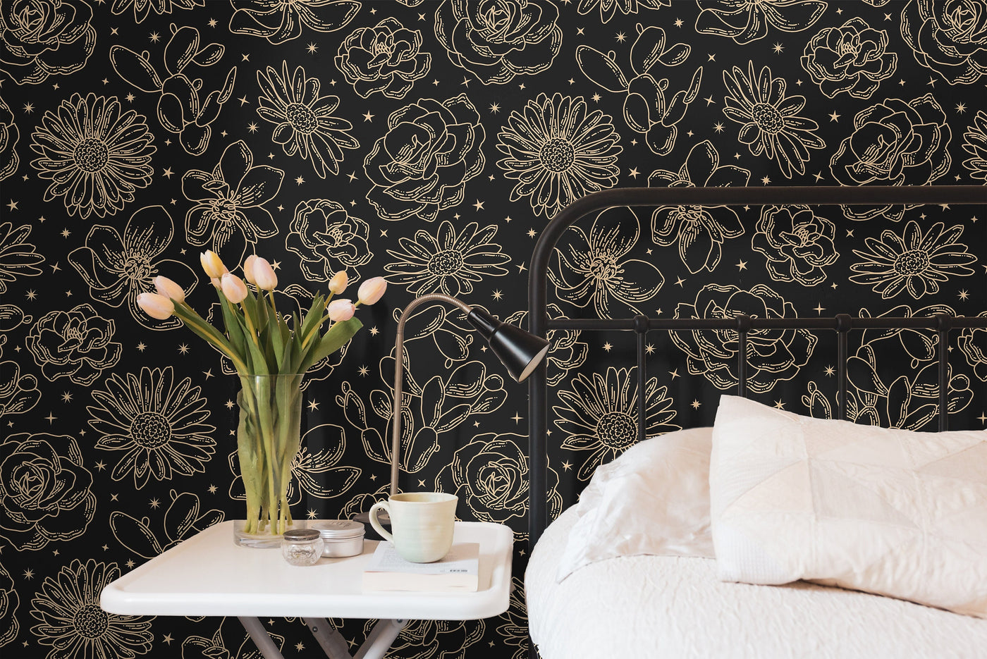 Removable Wallpaper Black Gold Floral Star Wallpaper | Peel And Stick - Print On Demand Peel And Stick Wallpaper