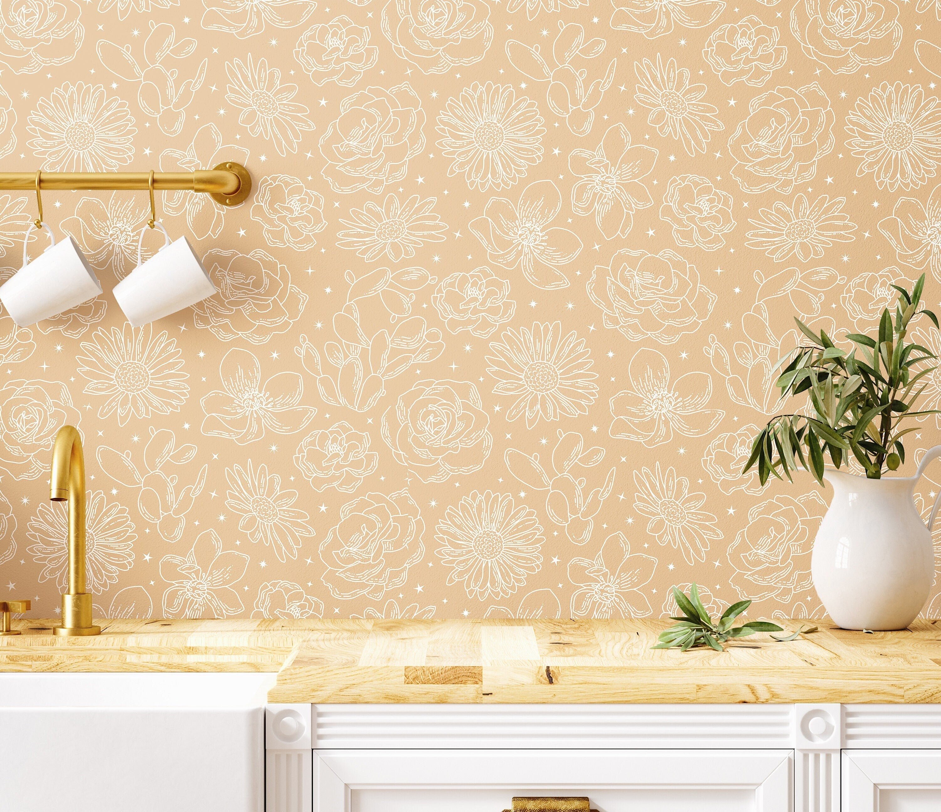 Removable Wallpaper Cream Tan Floral Star Wallpaper | Peel And Stick Wallpaper | Adhesive Wallpaper | Wall Paper Peel Stick Wall Mural 3533 - JamesAndColors