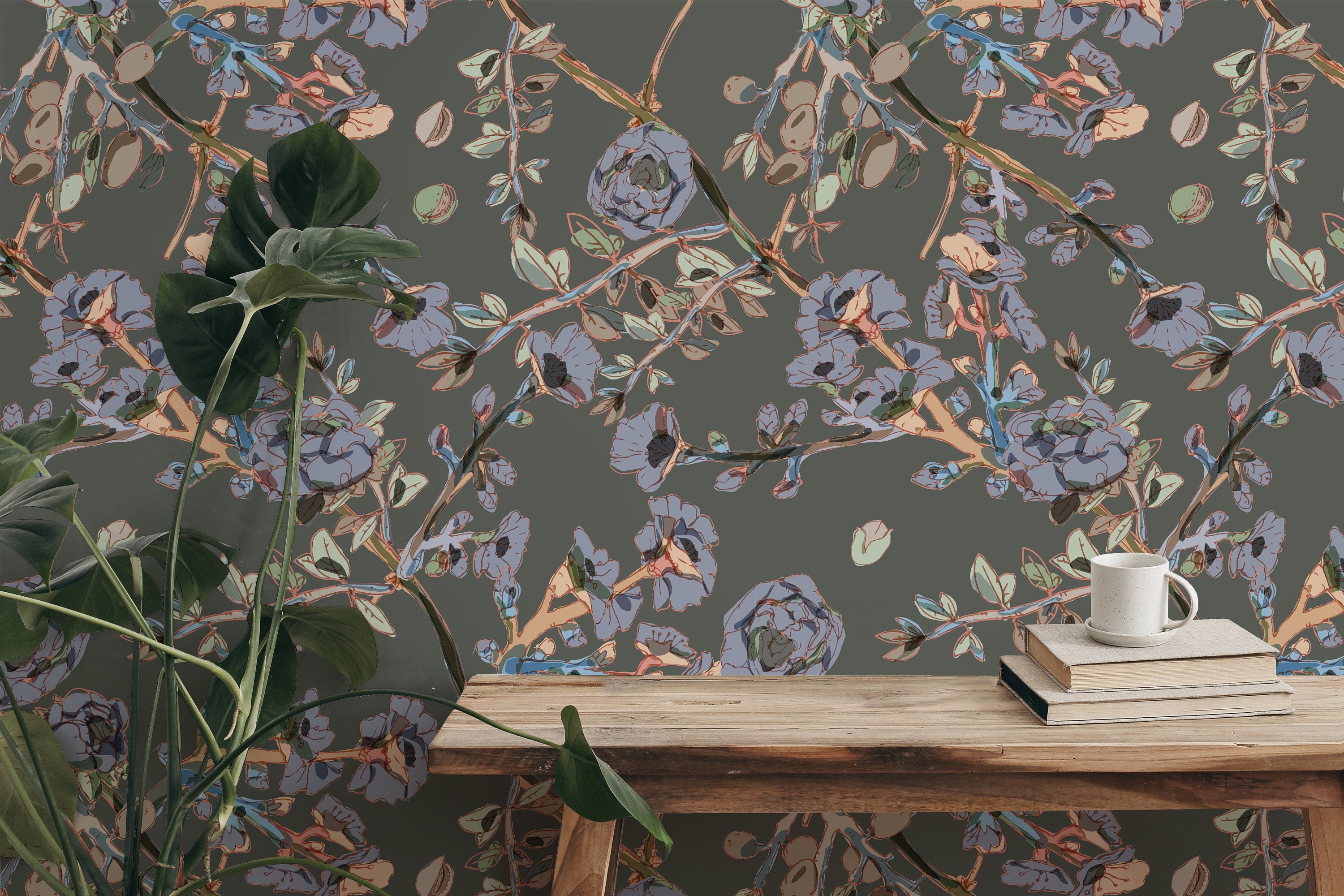 Removable Wallpaper Gray Floral Branch Wallpaper | Peel And Stick Wallpaper | Adhesive Wallpaper | Wall Paper Peel Stick Wall Mural 3495 - JamesAndColors