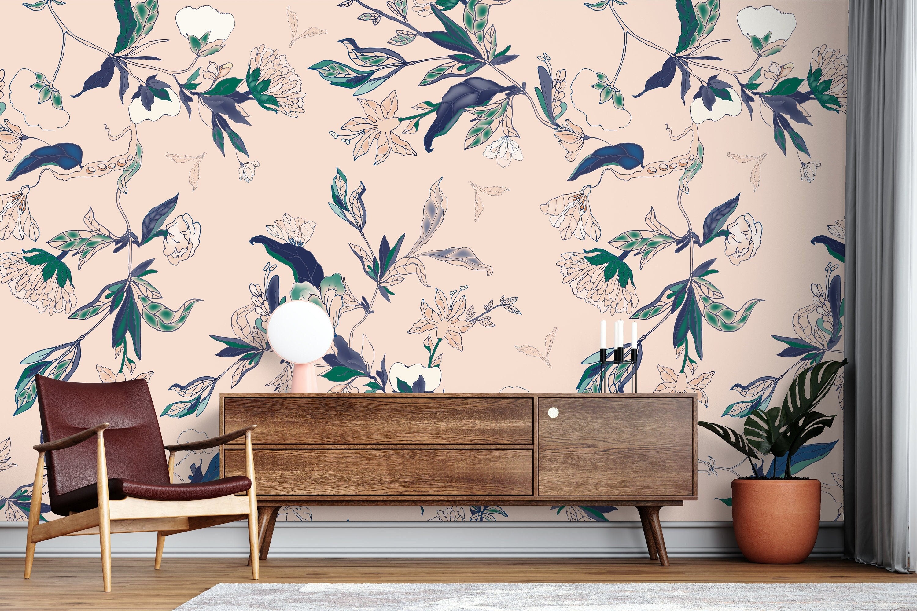 Floral Pink Cream Wallpaper | Removable Wallpaper | Peel And Stick Wallpaper | Adhesive Wallpaper | Wall Paper Peel Stick Wall Mural 3455 - JamesAndColors