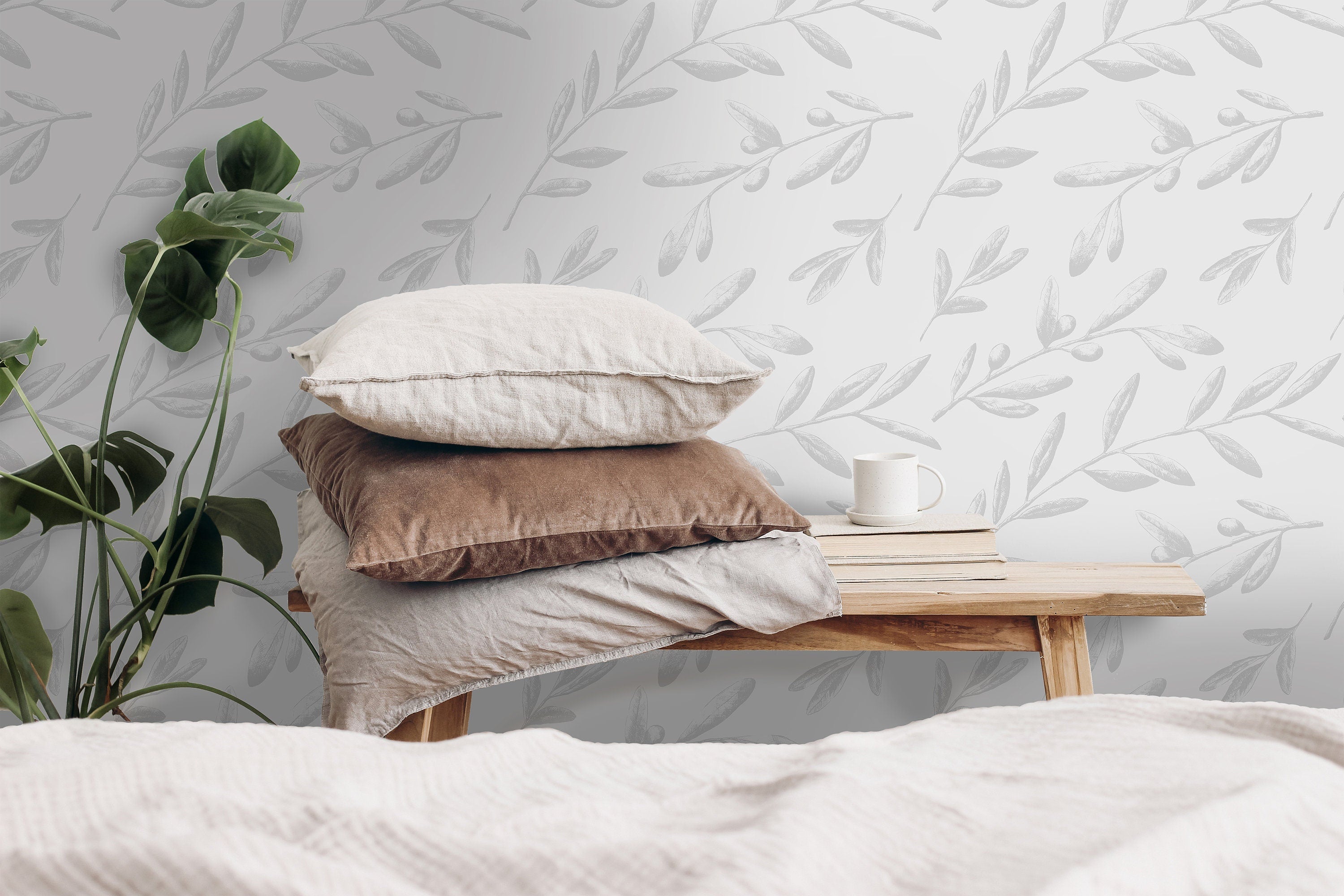 Floral Leaf Gray Wallpaper | Wallpaper Peel and Stick | Removable Wallpaper | Wall Paper Peel And Stick | Wall Mural Wall Decor 625 - JamesAndColors